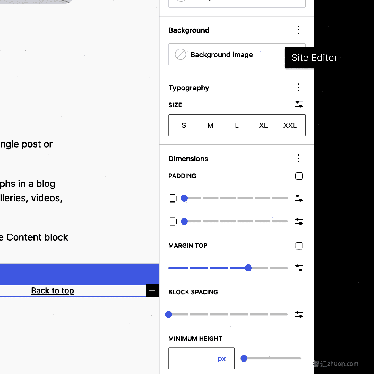 The wrapper Group block in the Site Editor with top margin set in the Styles panel.