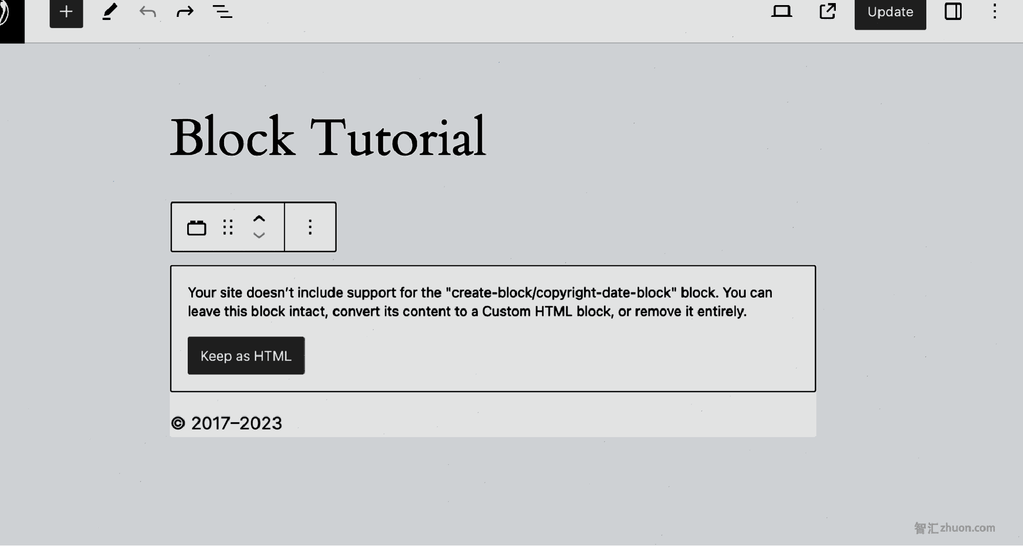 An error message in the Editor when a block type no longer exists