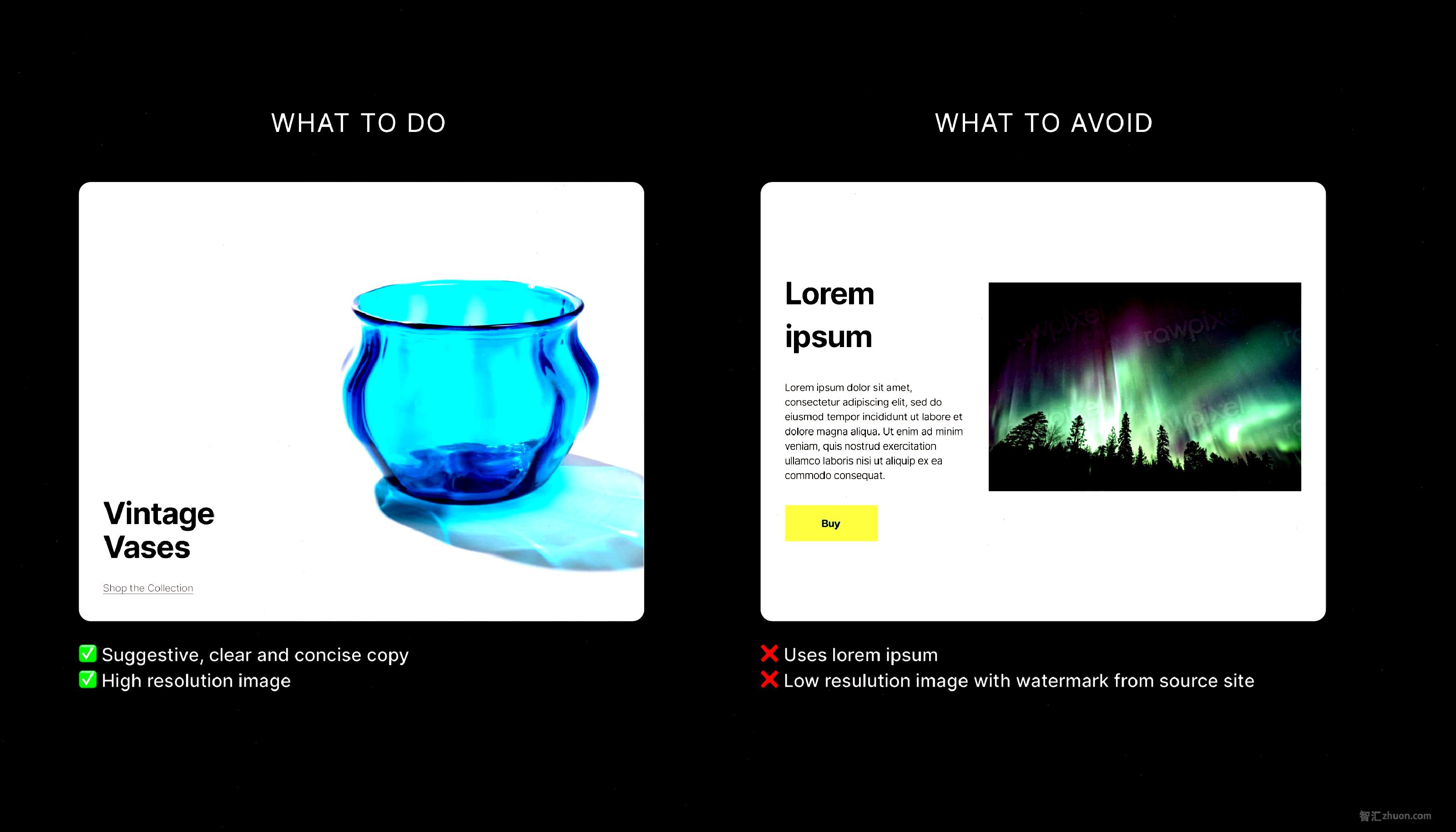 Two “media and text” patterns, the one on the left has a full height image on the right with a blue vase, Heading: “Vintage Vases”, Paragraph with link: Shop the collection”. The one on the right uses lorem ipsum and a low resulution image with watermark from the source site.