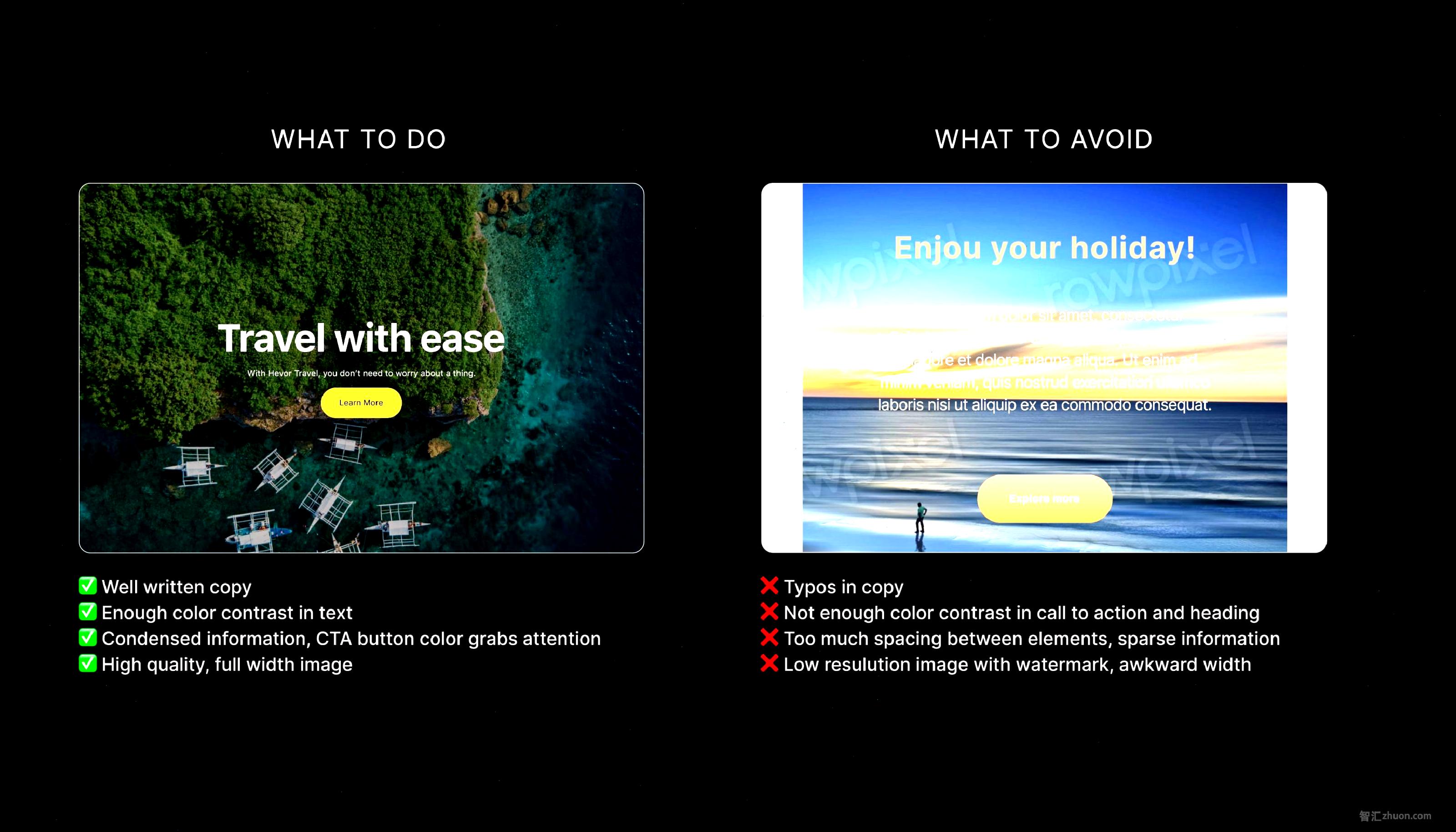 Two “Call to Action” patterns, the one on the left well-written copy, enough color contrast in text, condensed information, CTA button color grabs attention and a high quality, full width image. The one on the right has typos in copy, not enough color contrast between image and text, too much spacing between elements, and a low resolution image with watermark, in an awkward width.