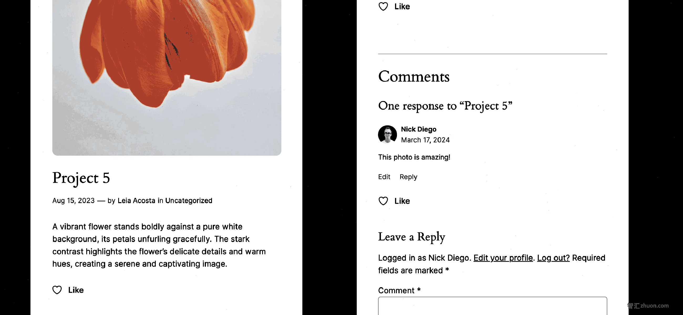 Screenshot showing the Like Button after the Post Content block and at the bottom of each Comment Template block.