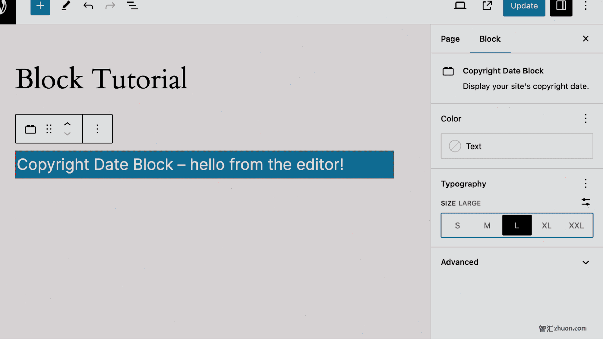 The block in the Editor with block supports