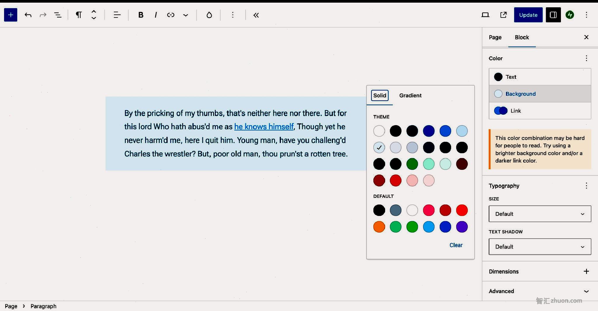 WordPress post editor with a Paragraph block that has a blue background. On the right, the Background color picker is open, revealing various color options.