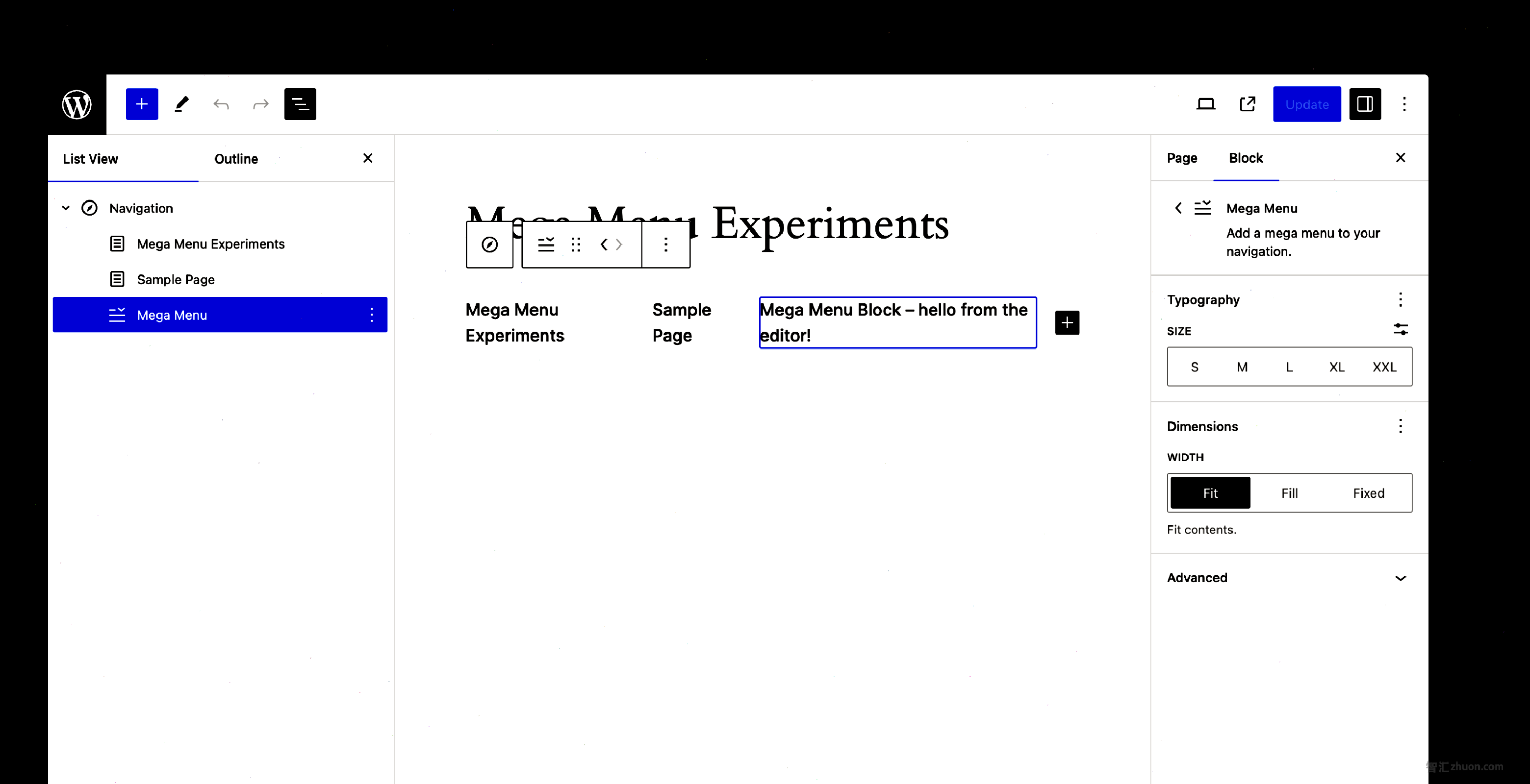 The Mega Menu block in the Editor after the cleanup process.