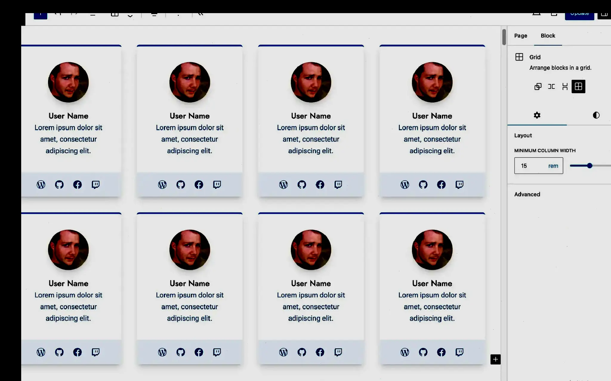 A four-column grid of user profile cards, showing their avatars, bio, and social links in the block editor.