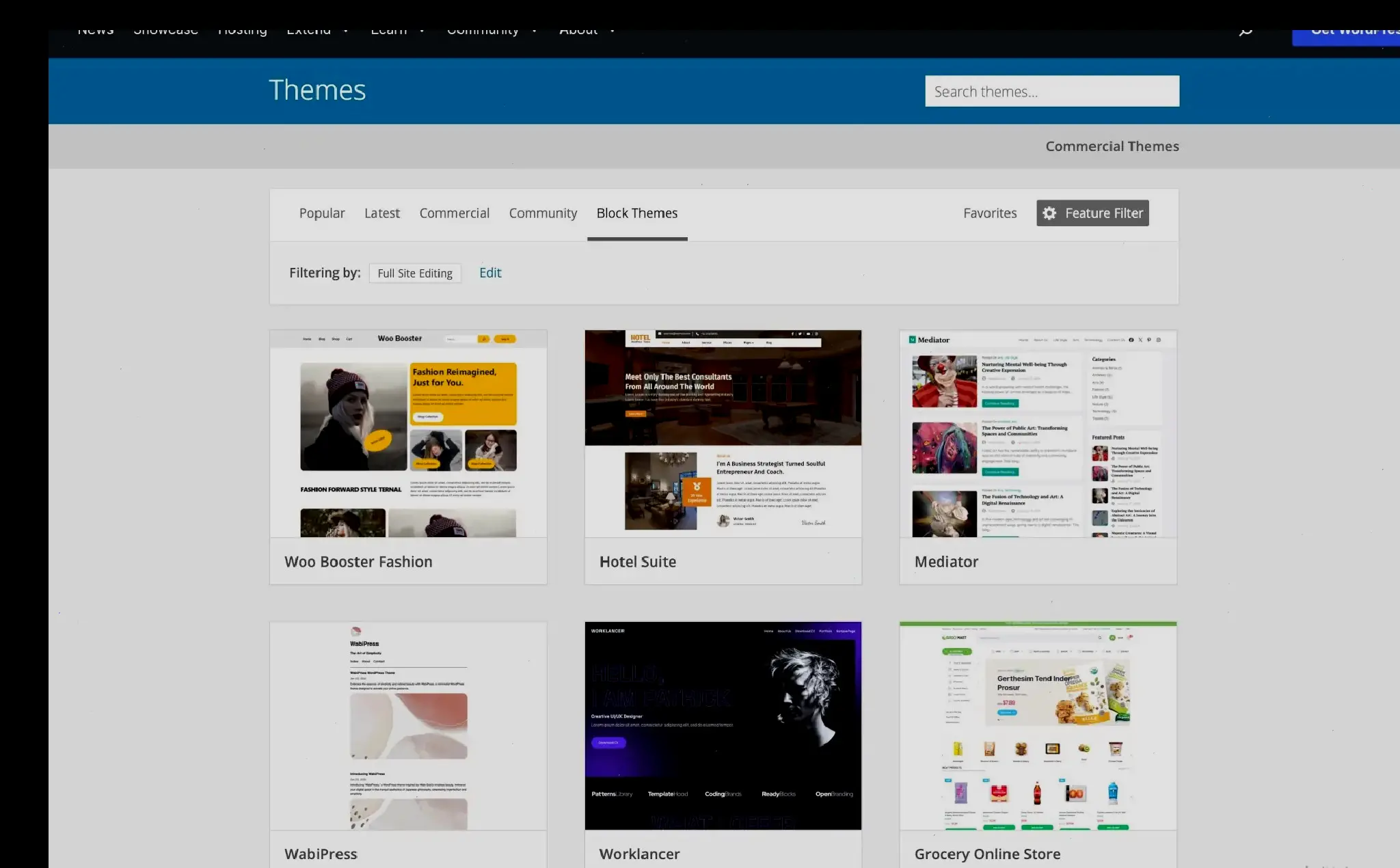 Screenshot of the WordPress.org Theme Directory, showing a three-column grid of theme screenshots.