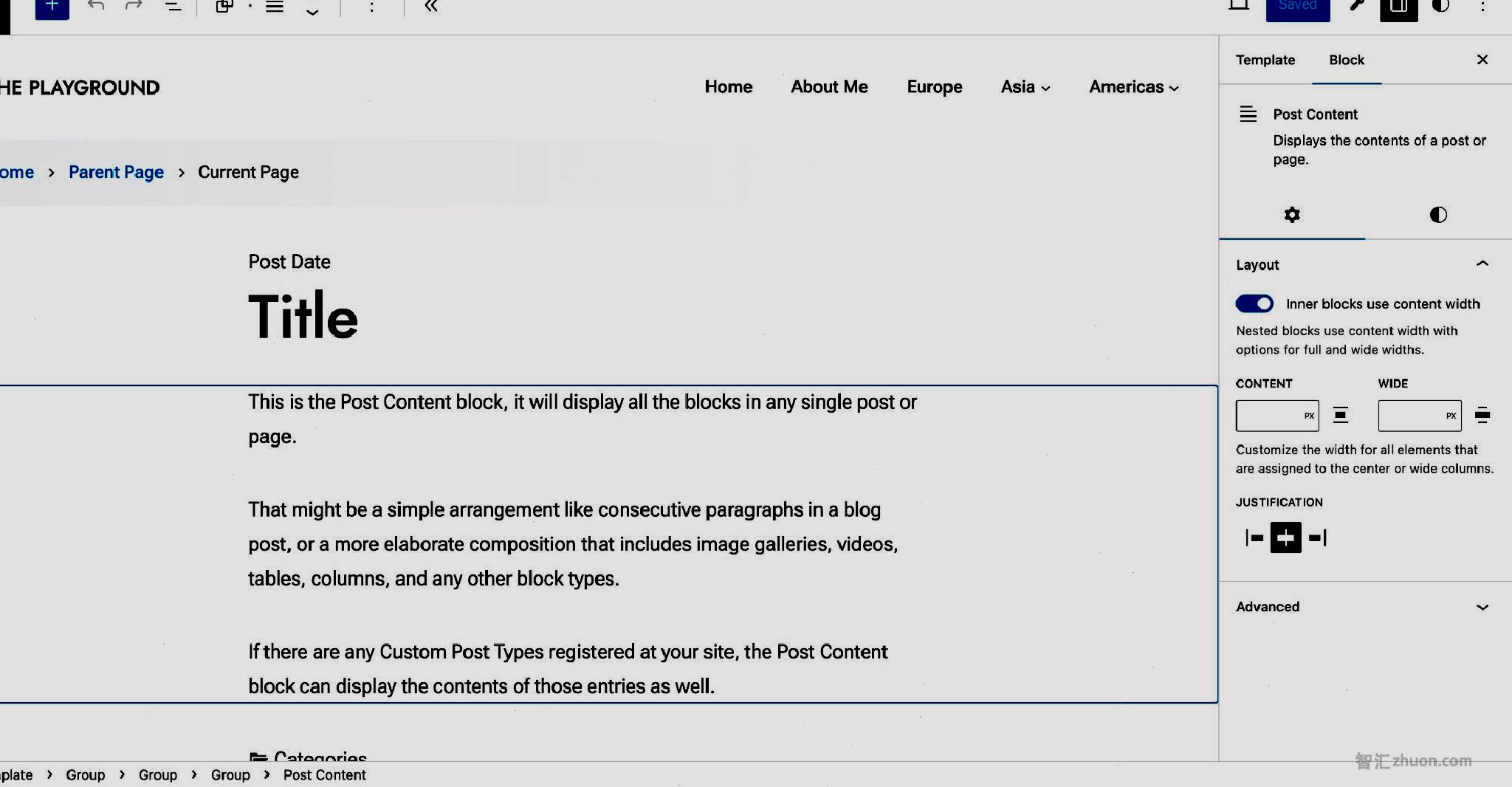 WordPress post editor with a Post Content block selected, showing its inner content limited to the content width.