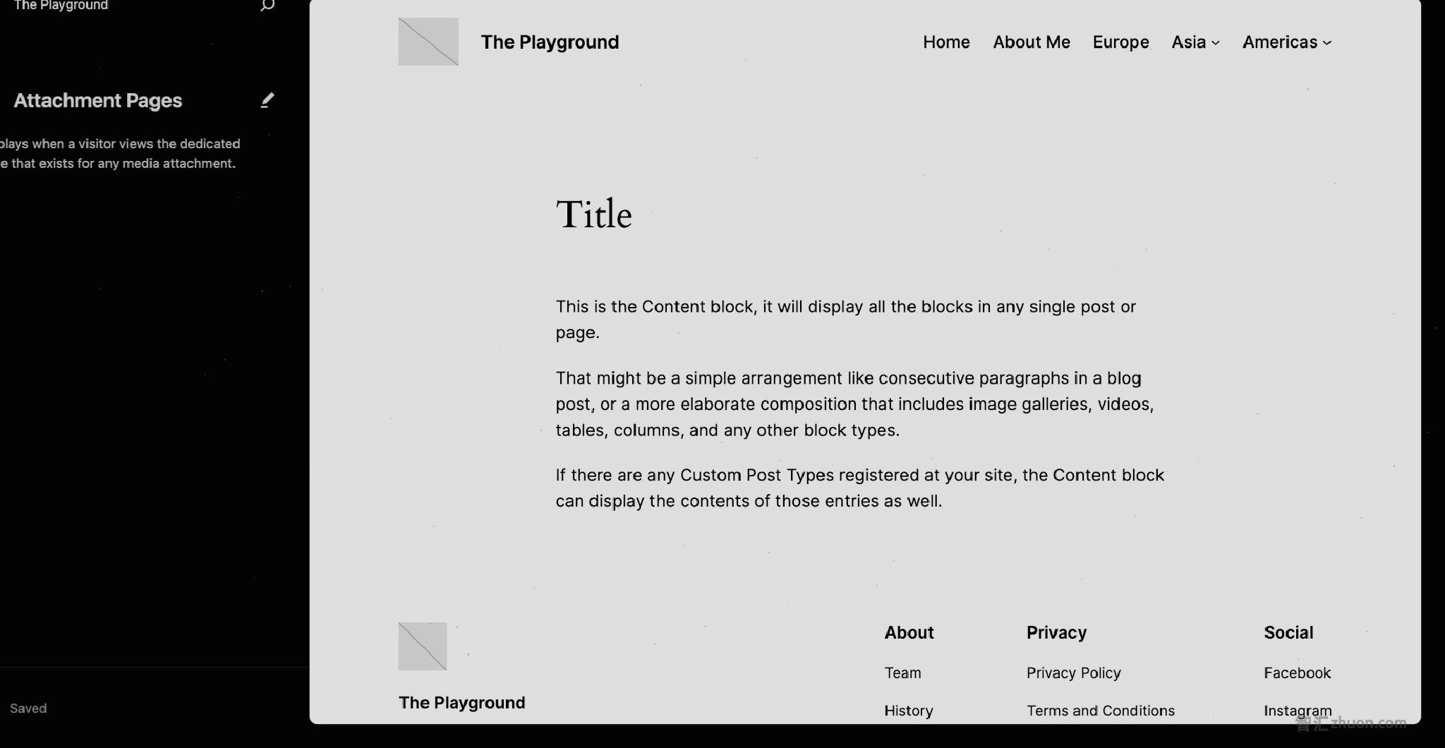 WordPress Site Editor showing the attachment template. On the left is a description on the template. In the right panel is a preview of the template.