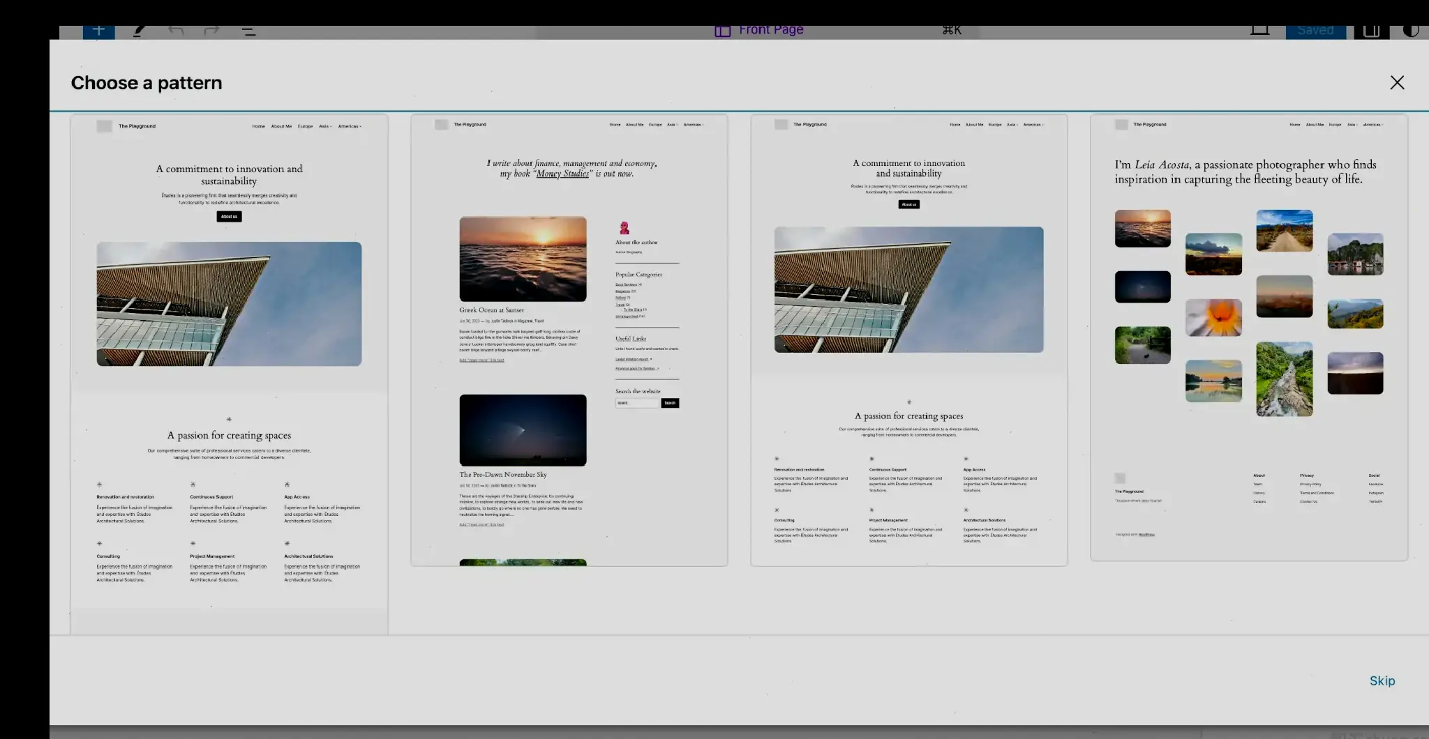 A modal overlay showing four template options for the homepage from within the WordPress site editor.