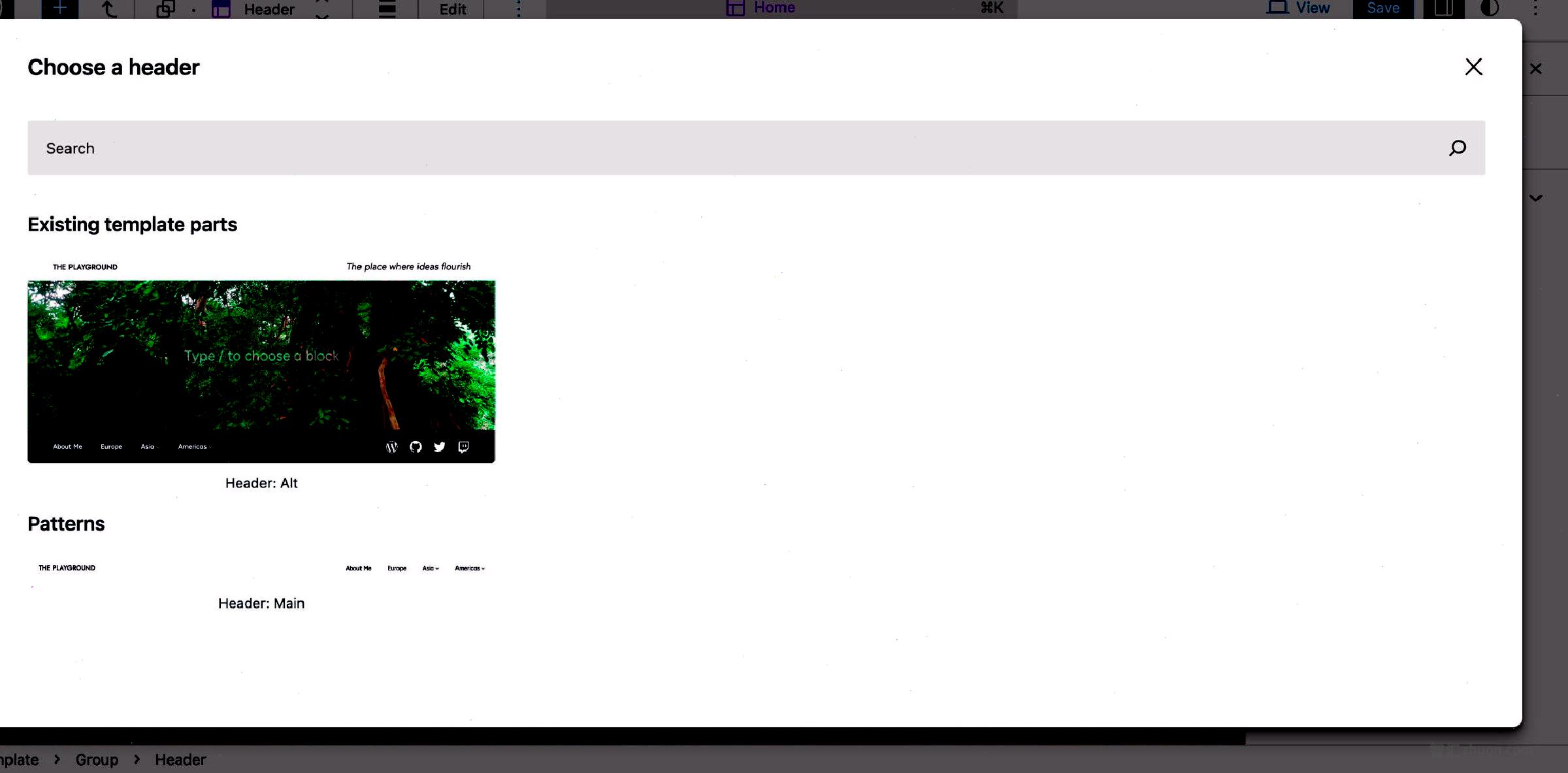 Popup modal for choosing a header template part or pattern. It shows one of each to select from.