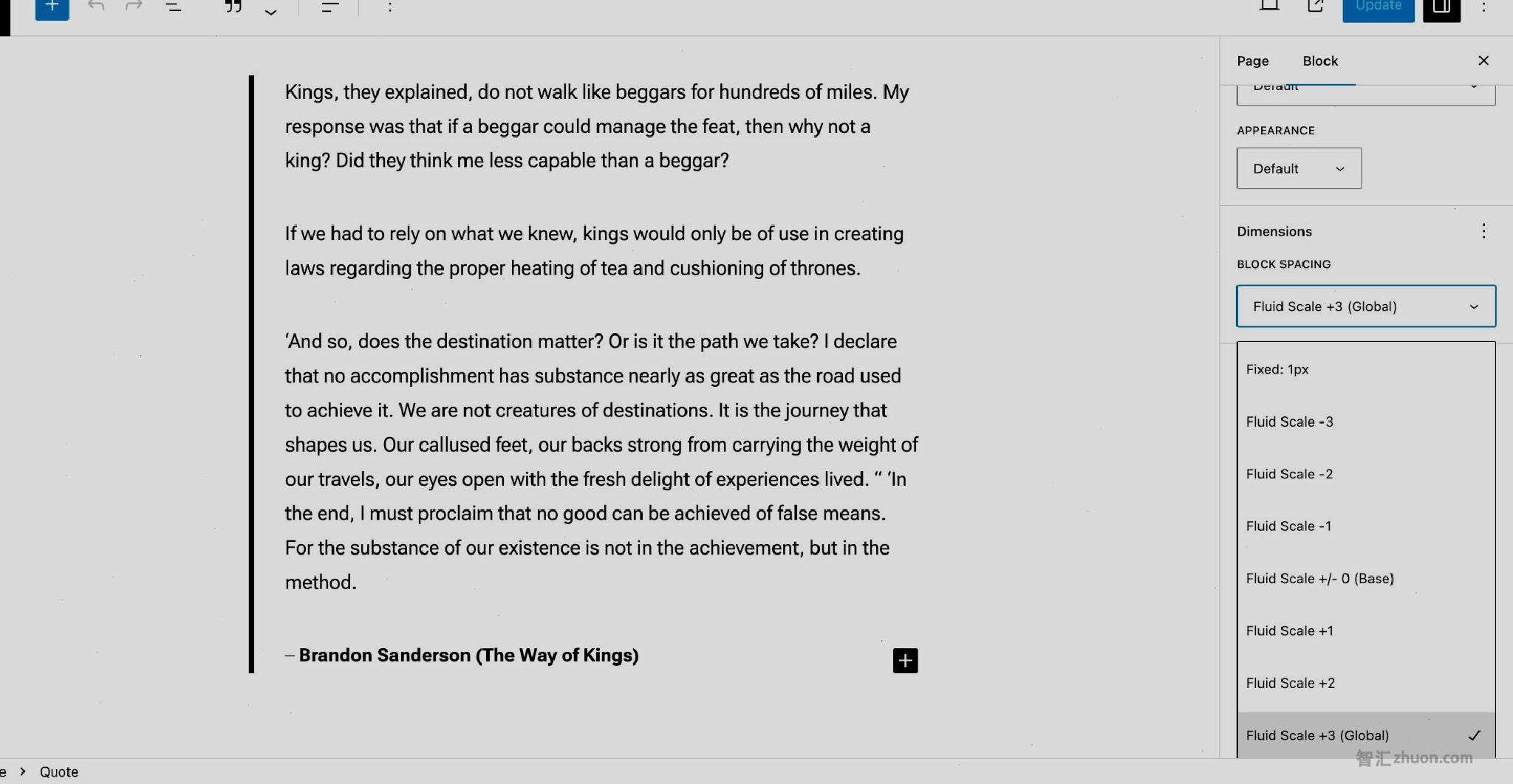 Quote block in the WordPress post editor content canvas. In the sidebar panel, the Block Spacing dropdown is shown with several spacing options.