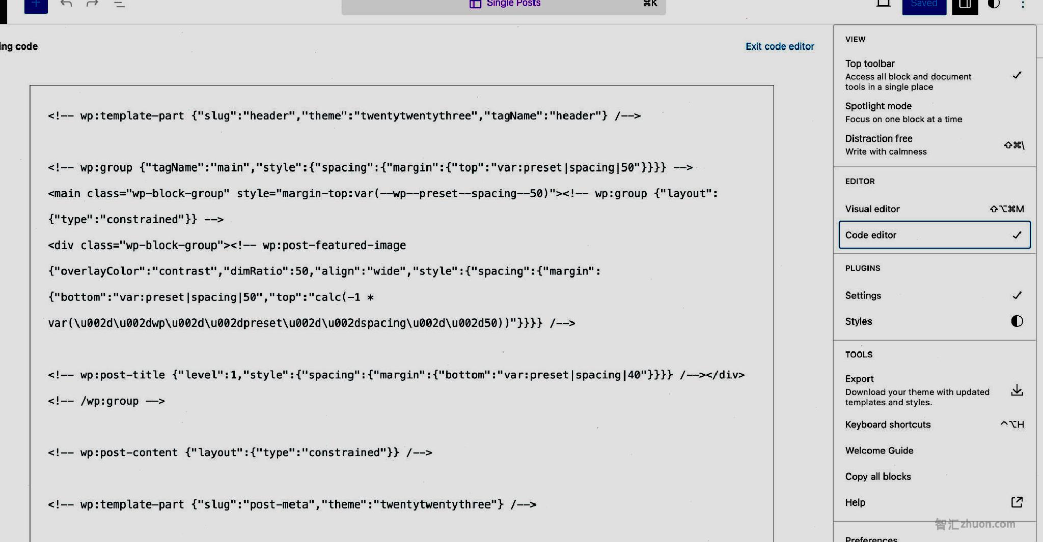 WordPress site editor showing the Single Post template in code view, which shows the block markup.