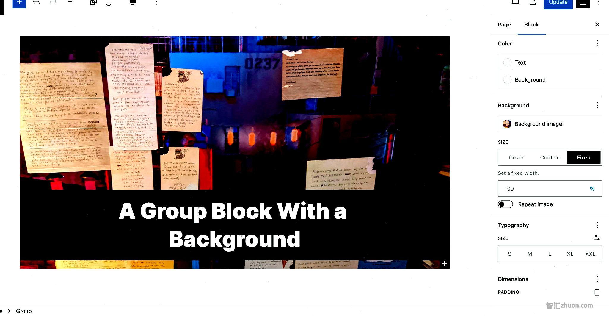 WordPress post editor with a Group block selected. It has a background image and a fixed width. Overlaid the background is text that reads: "A group block with a background."