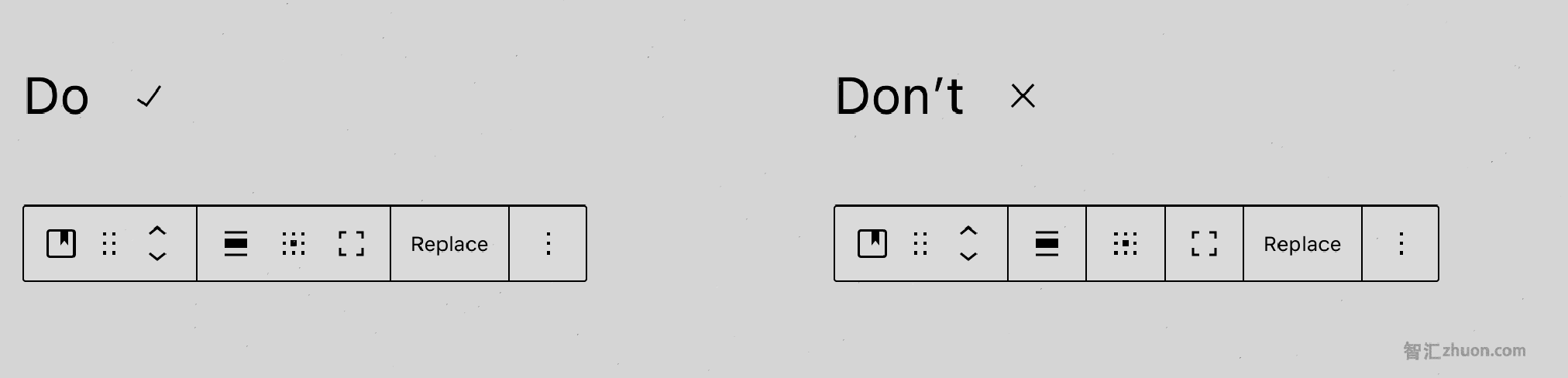 A screenshot comparing a block toolbar with good vs. bad toolbar segment groupings.