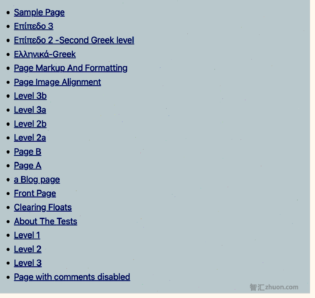 Screenshot showing an unordered list of page titles in the front end.