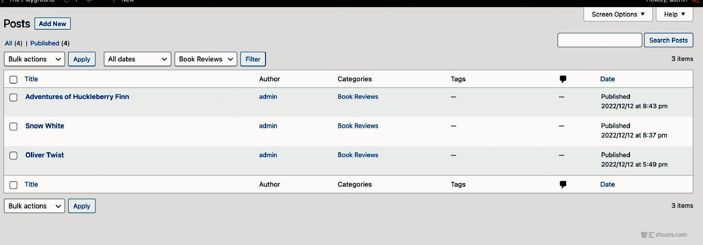 WordPress posts management screen where a Book Reviews category has been selected.  It shows three posts in the table.