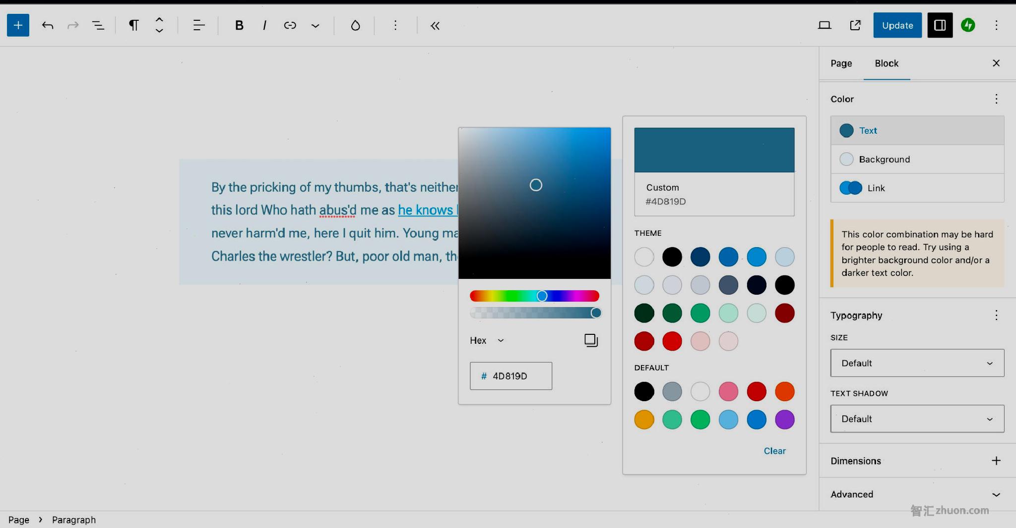 WordPress post editor with a Paragraph block in the editor with a blue background. The Text color option is open and shows a user selecting a custom color.