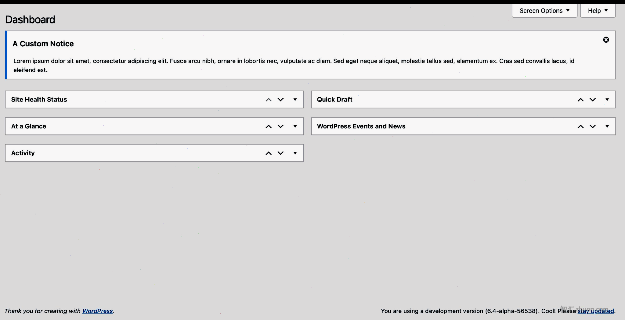 WordPress Dashboard screen with an admin notice at the top of the screen.