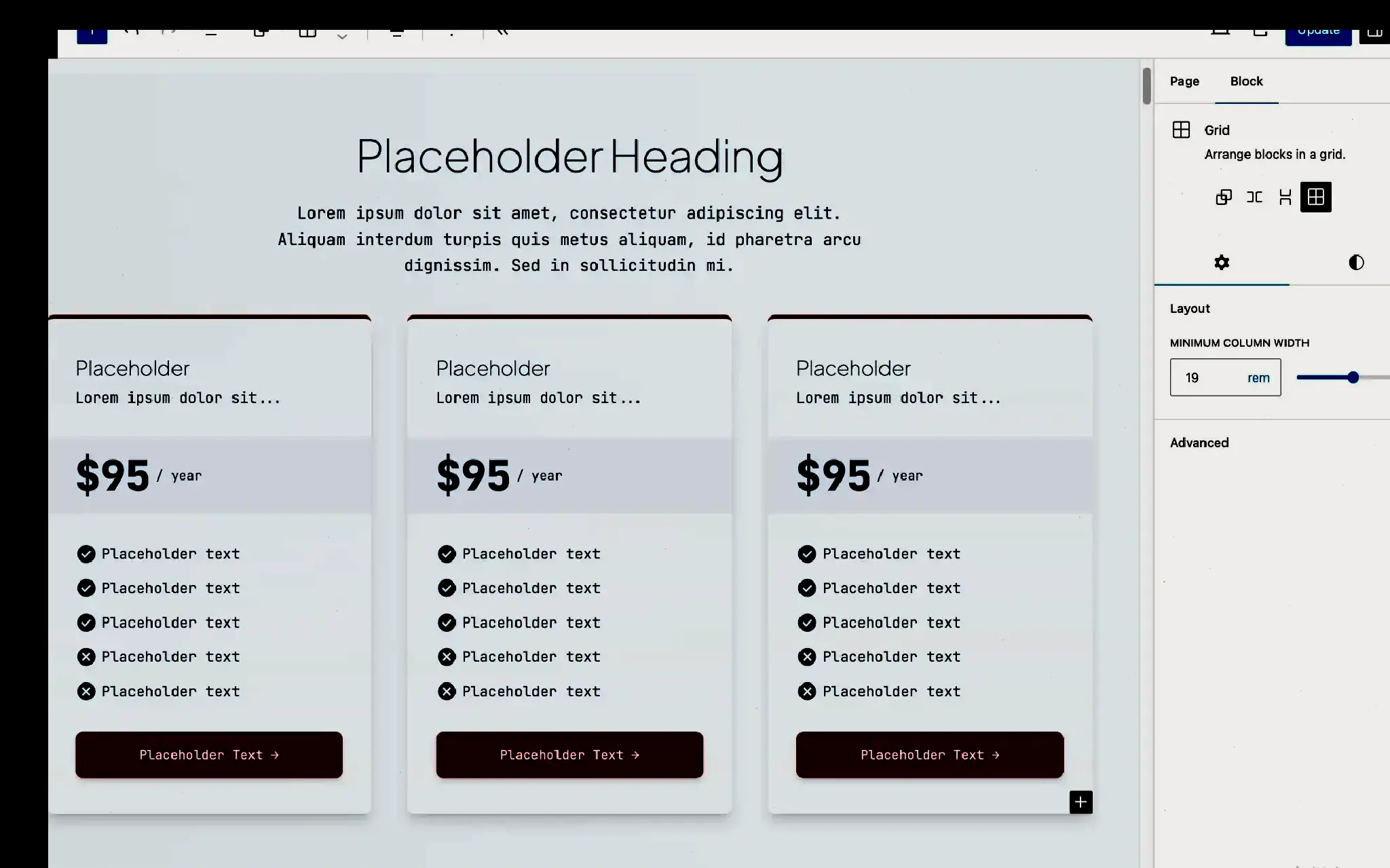 WordPress block editor showing a grid of three cards in the content canvas. Each card shows info and a price to purchase an example product.