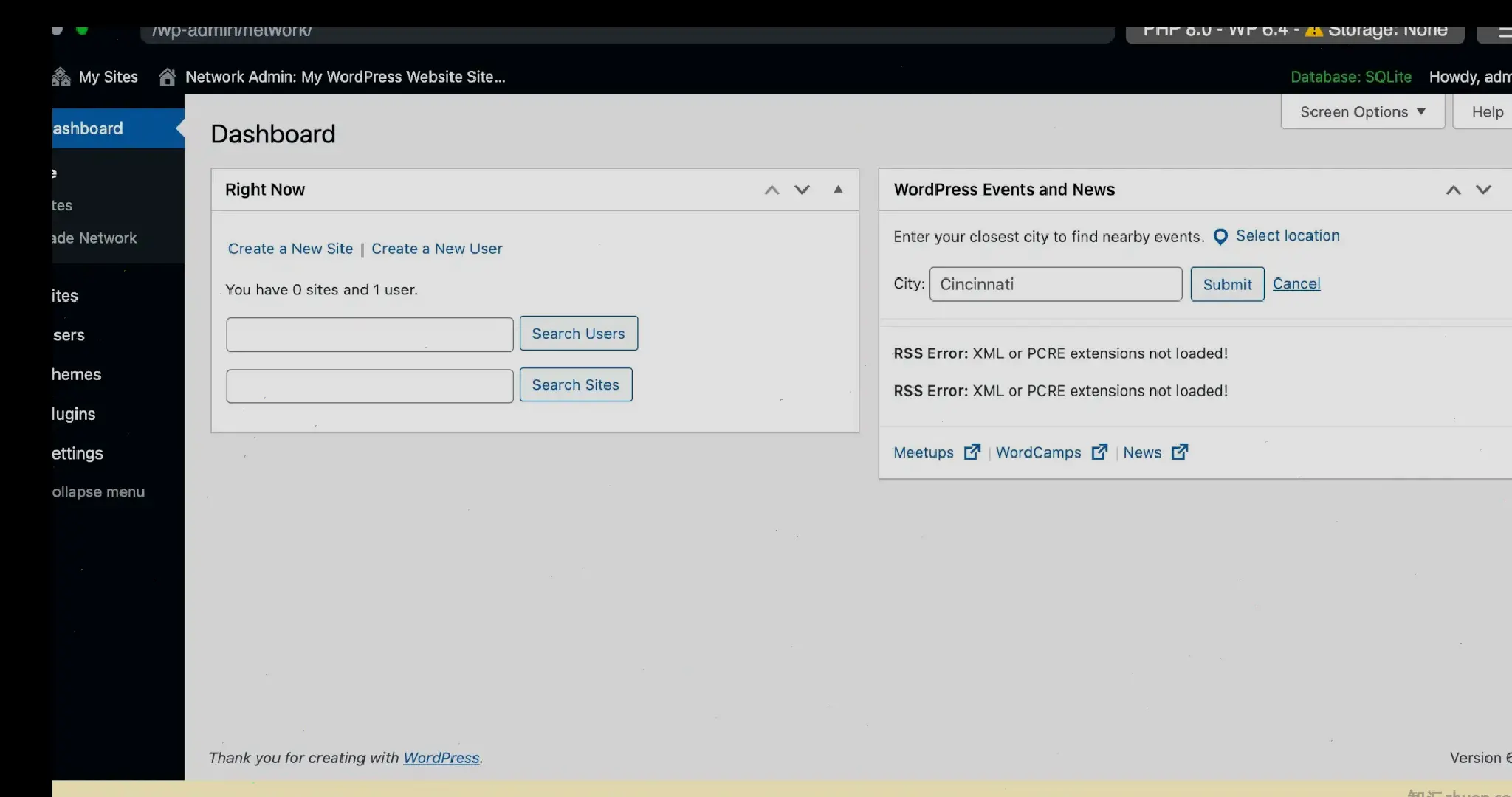 WordPress Playground demo showing the Network admin dashboard screen.