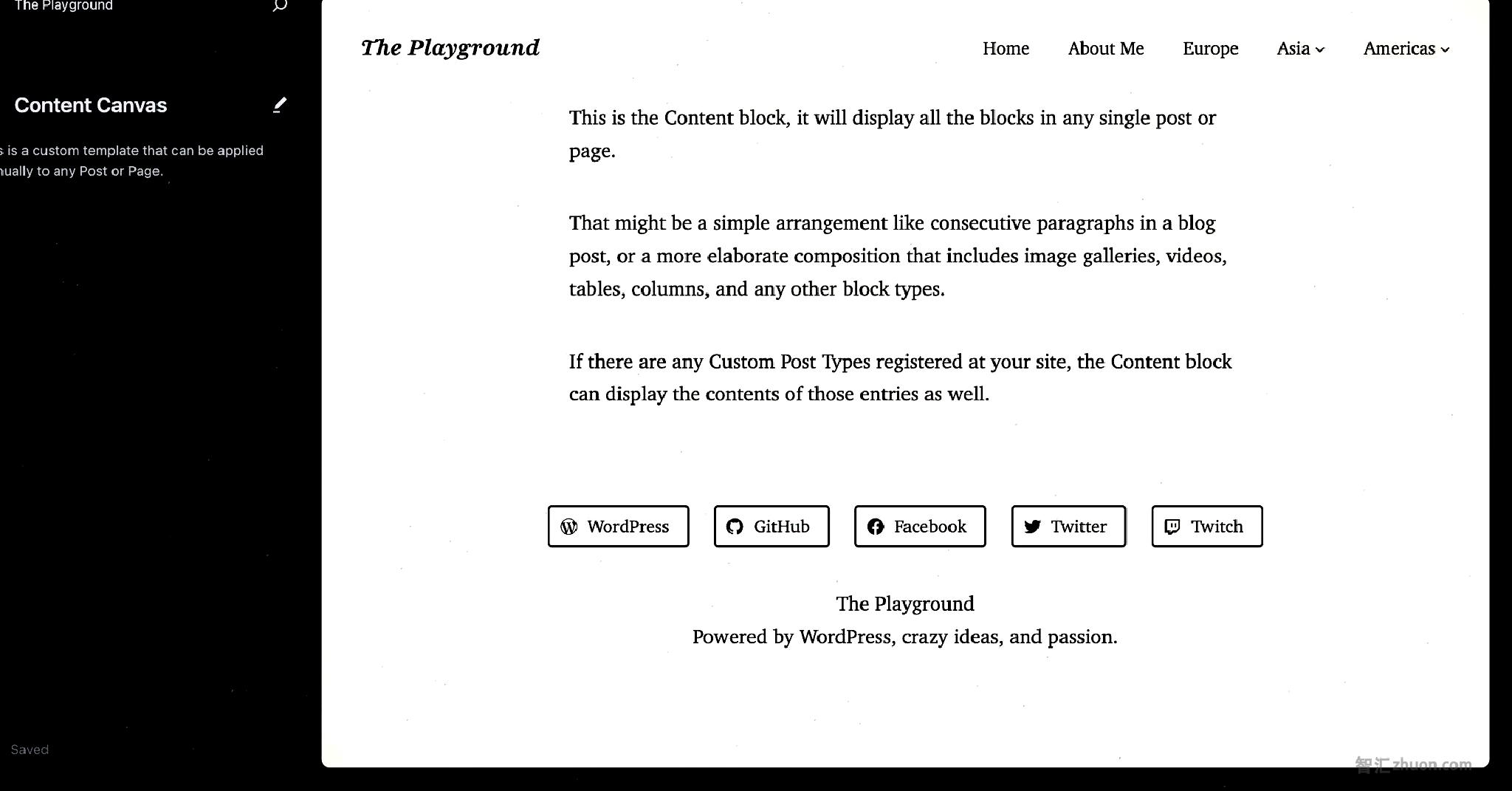 WordPress Site Editor showing the Content Canvas template on the screen.