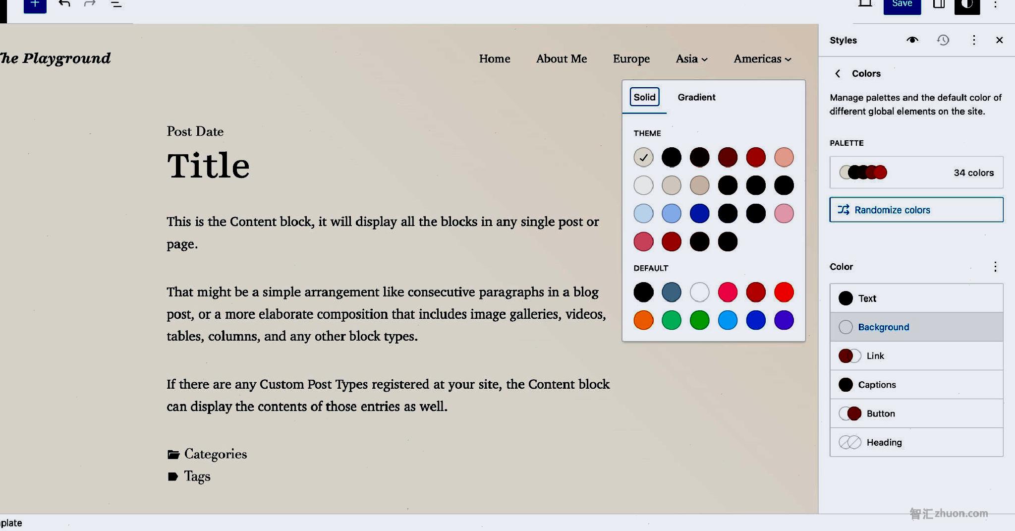 WordPress Site Editor with Styles interface open, showing the theme's colors.