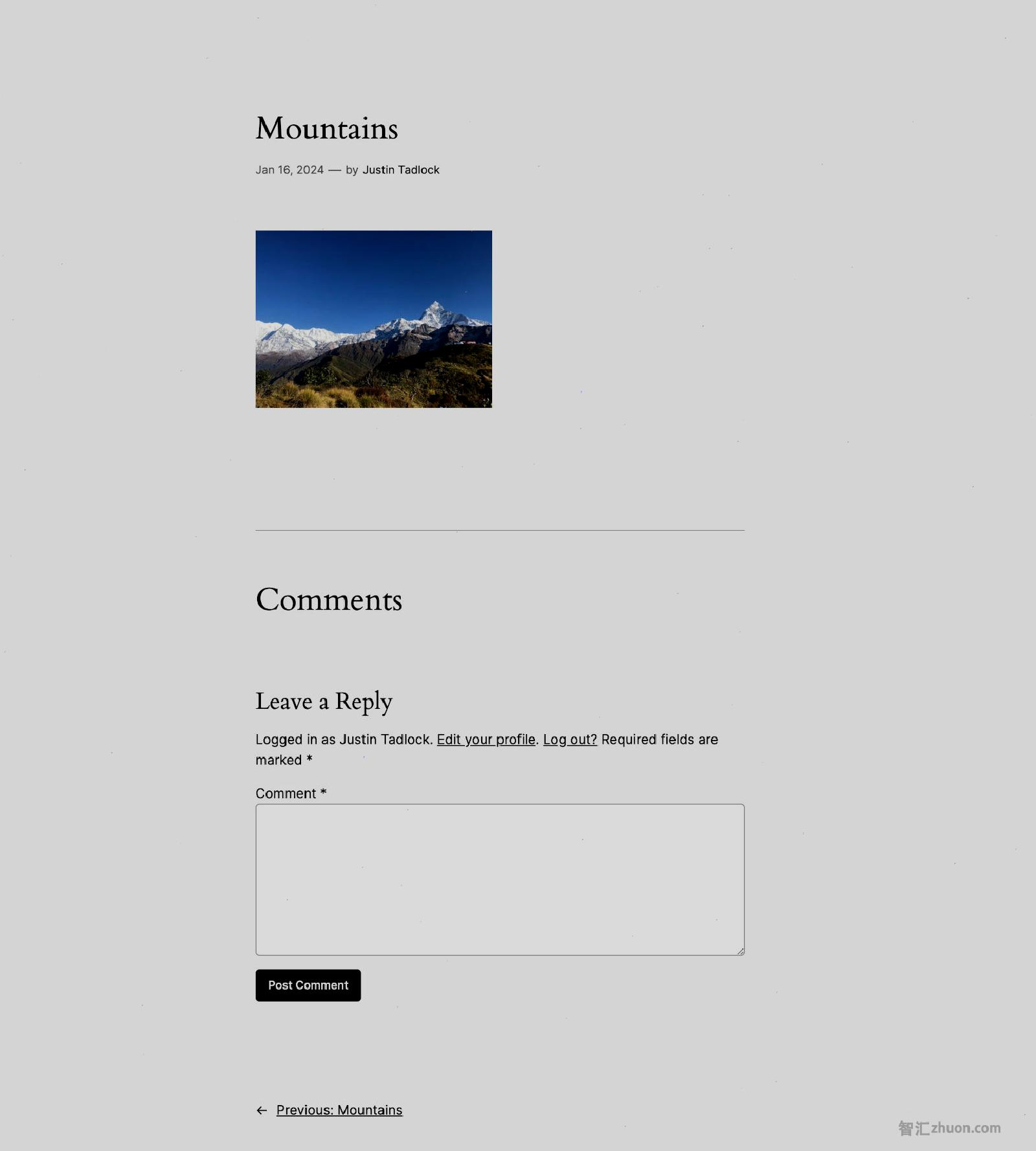 Screenshot of an image attachment page that shows a thumbnail of mountains.