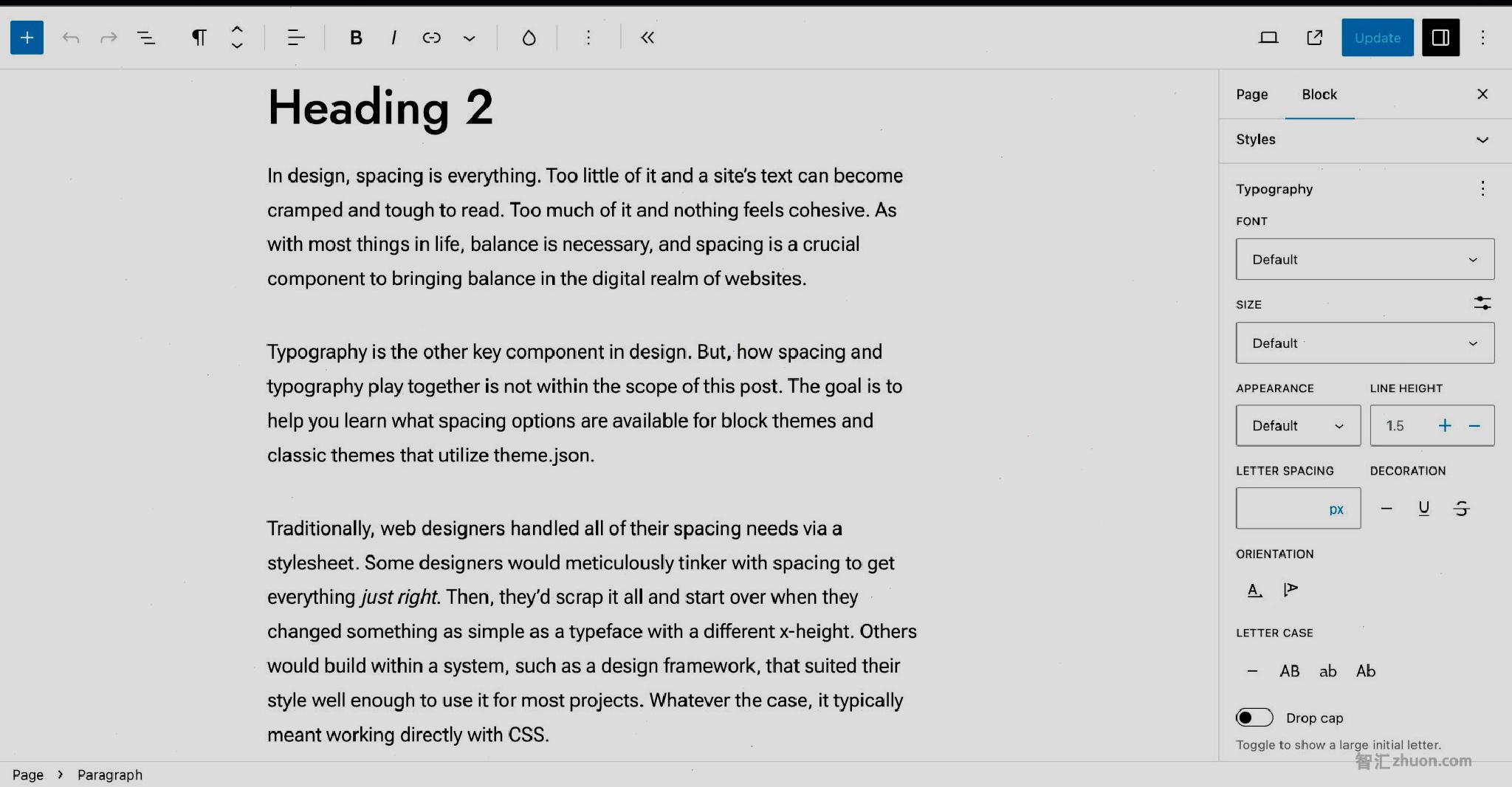 WordPress post editor with a Heading and multiple Paragraph blocks inserted. In the right sidebar, nearly every typography option is shown.