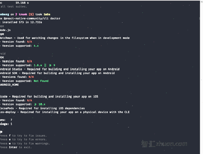 Screenshot of react-native-community/cli doctor tool running in the terminal.