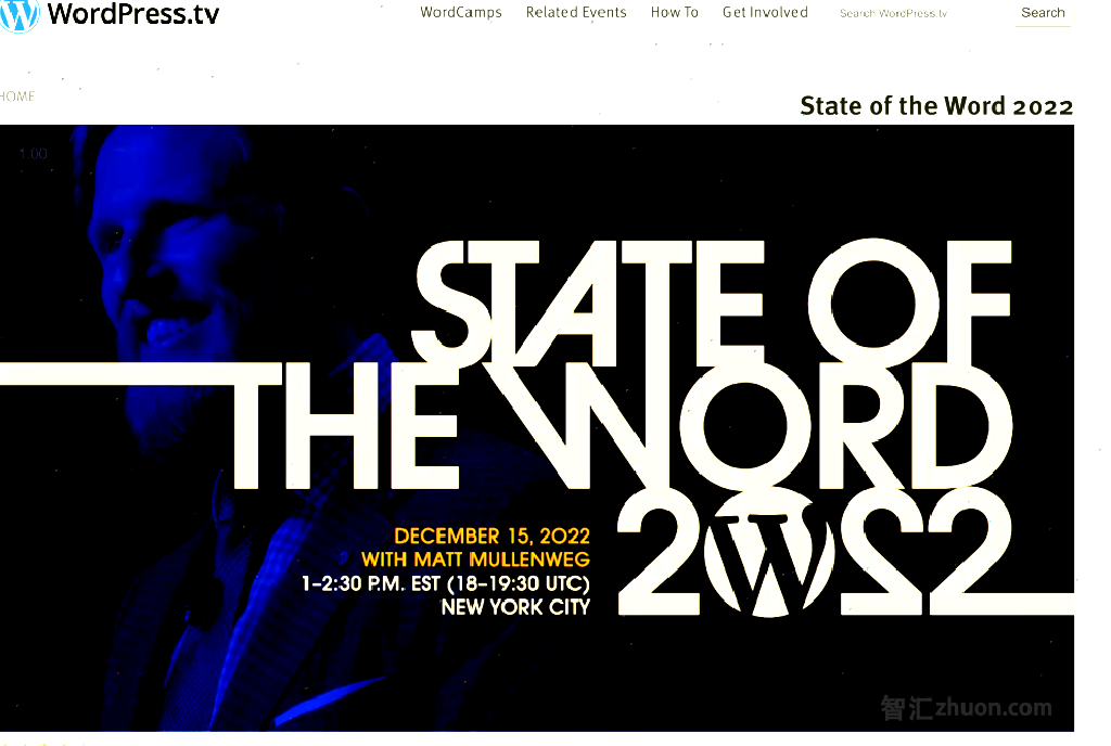 Screenshot of the WordPress.tv website showing a still from State of the Word 2022