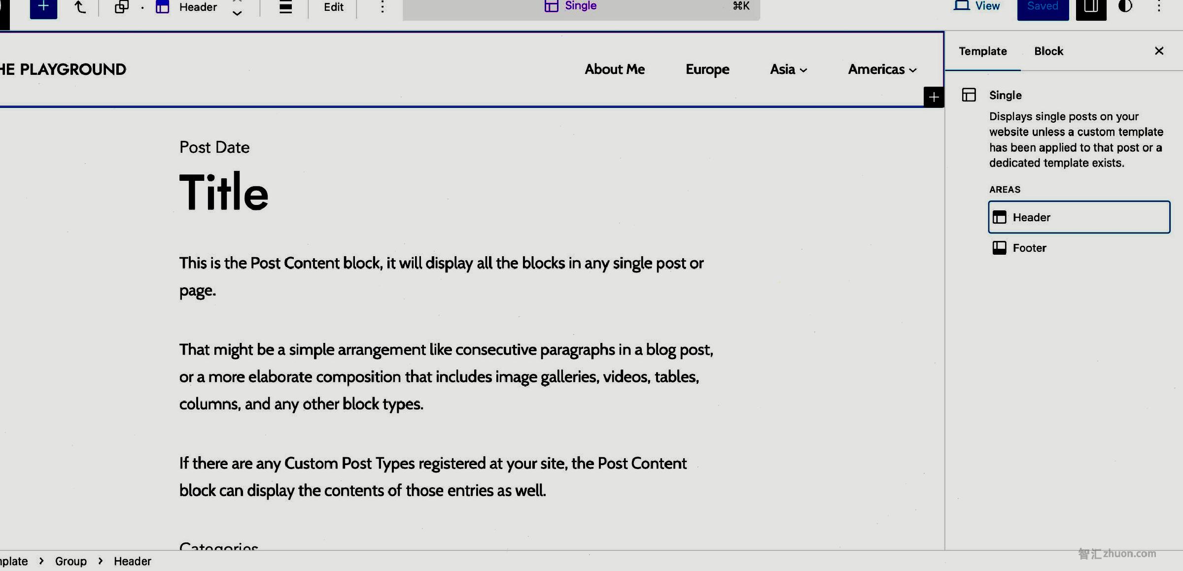 WordPress site editor with the Header section highlighted. The Template panel in the sidebar shows two areas: Header and Footer.