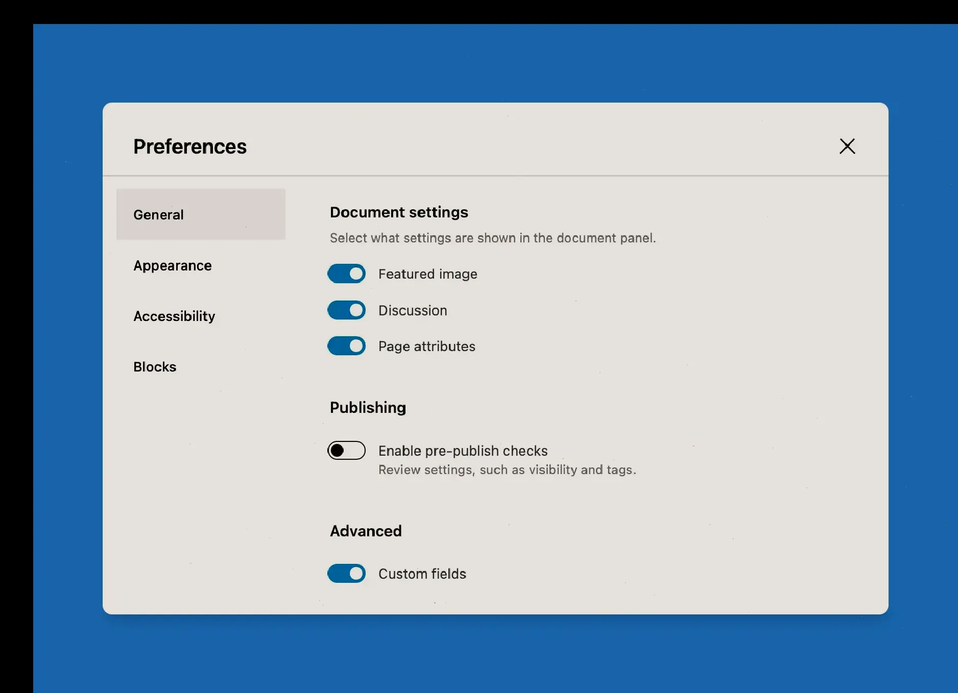 A panel titled "Preferences" with multiple tabs. The "General" tab is currently open, and the "Custom Fields" option is ticked on.