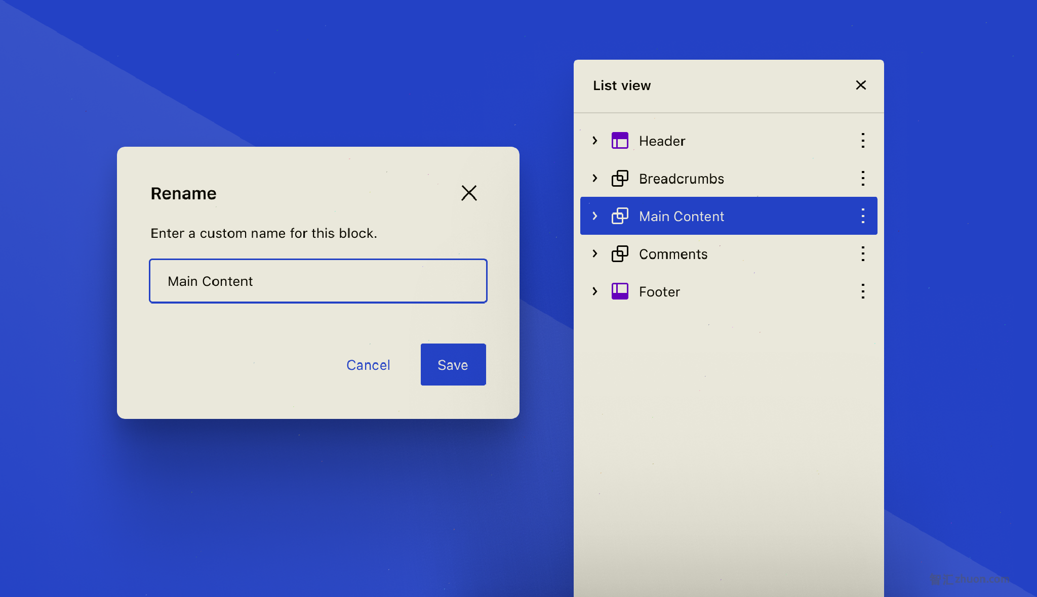 Two panels shown next to each other. The first is a Rename field for customizing a block's name. The second is the List View in the block editor with the block highlighted to be renamed.