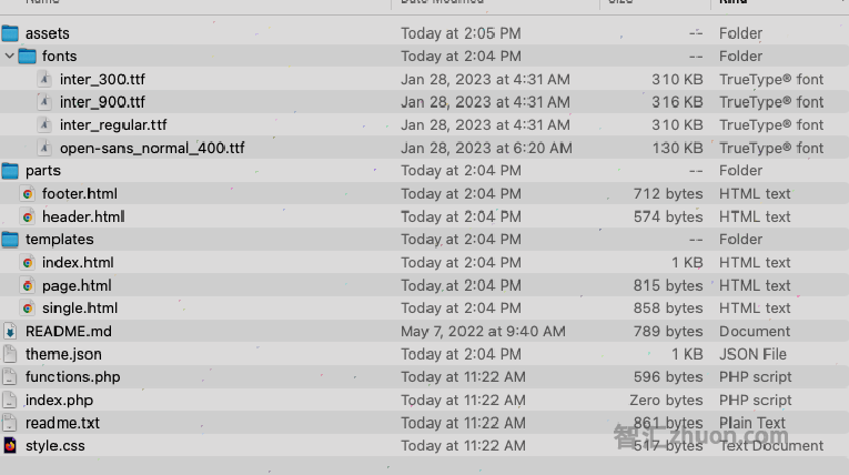 Screenshot showing the file structure of the exported block theme zip file\\\\\\\\\\\\\\\\\\\\\\\\\\\\\\\\n