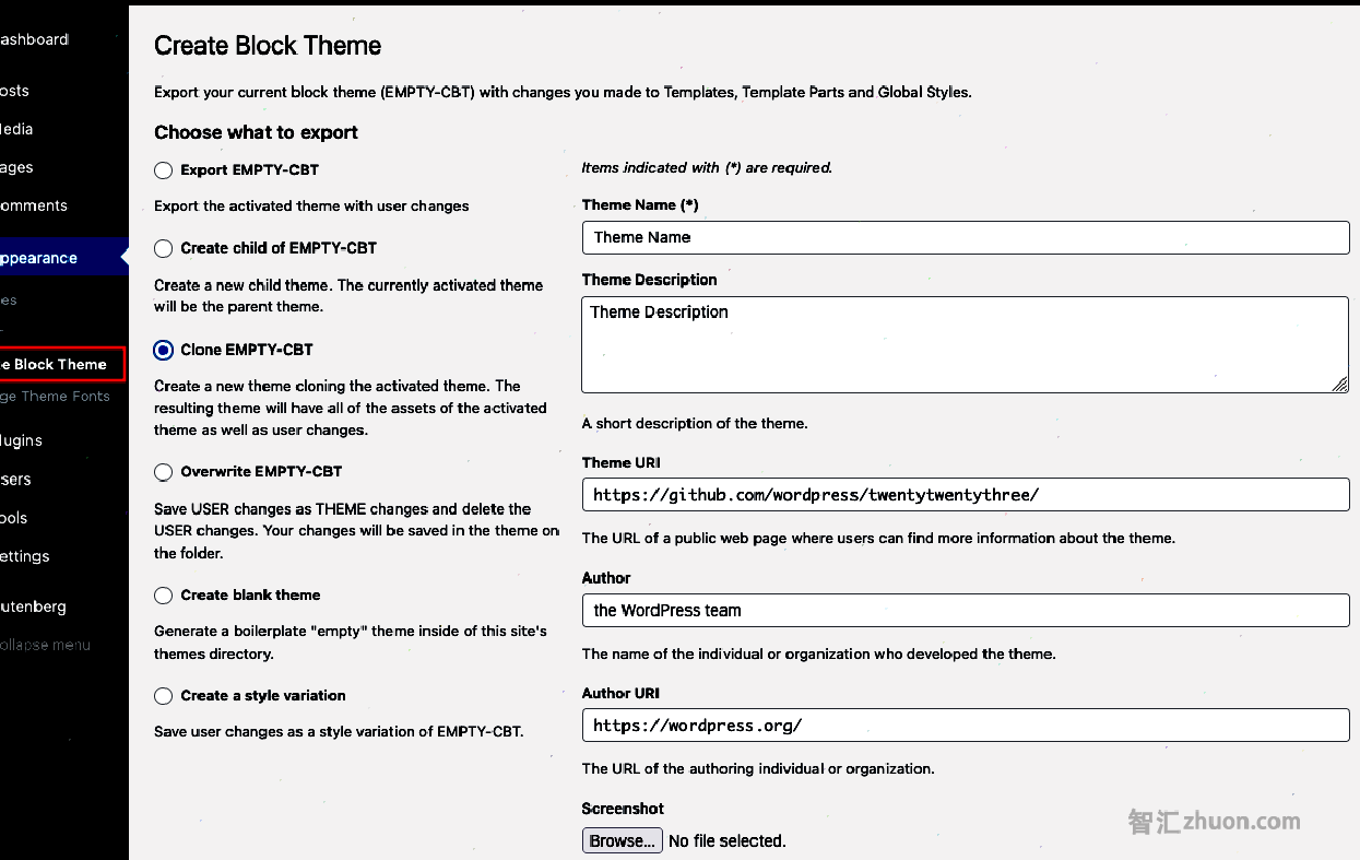 Screenshot showing Create Block theme plugin options.