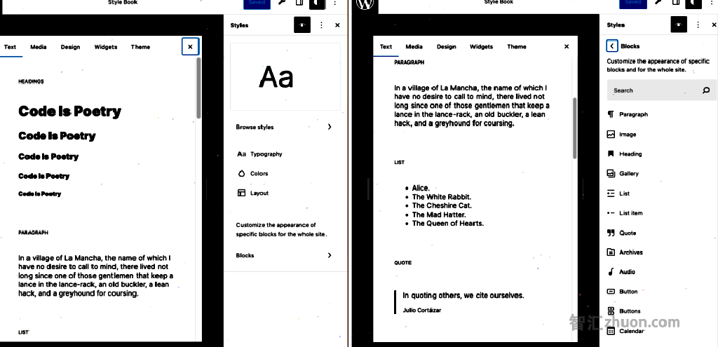 A screenshot of the Style Book preview panel for site-wide or block-level customization