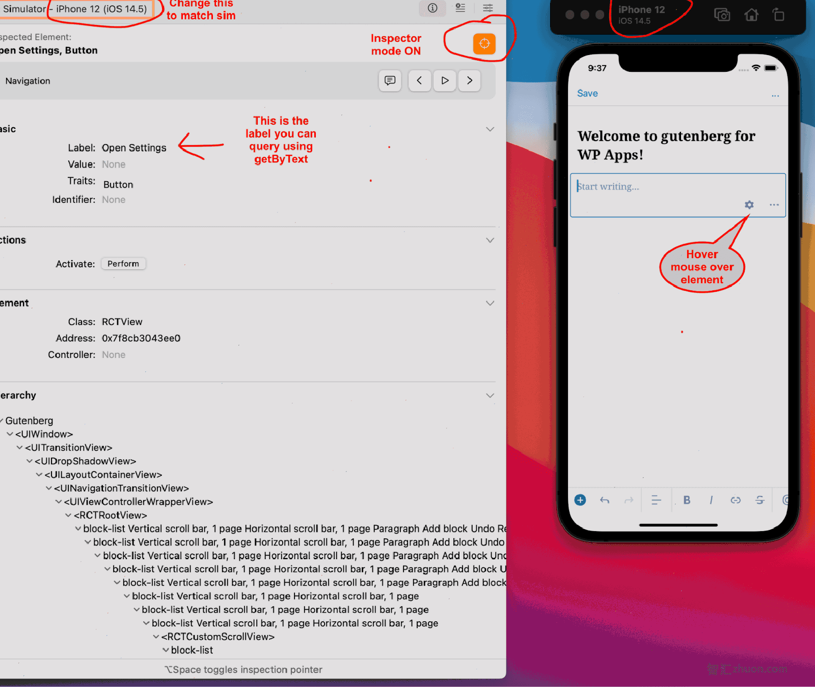 Screenshot of the Xcode Accessibility Inspector app. The screenshot shows how to choose the correct target in the device dropdown, enable target mode, and locate accessibility labels after tapping on screen elements