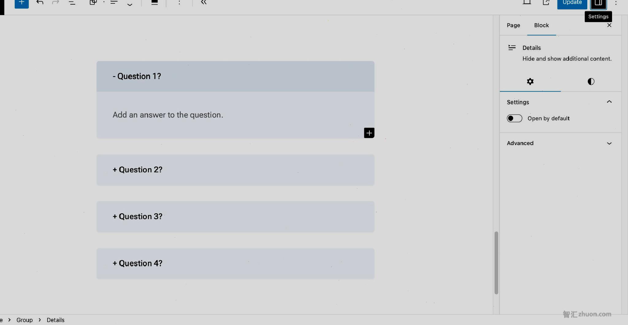 WordPress post editor with a group of four Details block stacked on each other. The blocks are set up to look like a FAQs list with questions and answers.