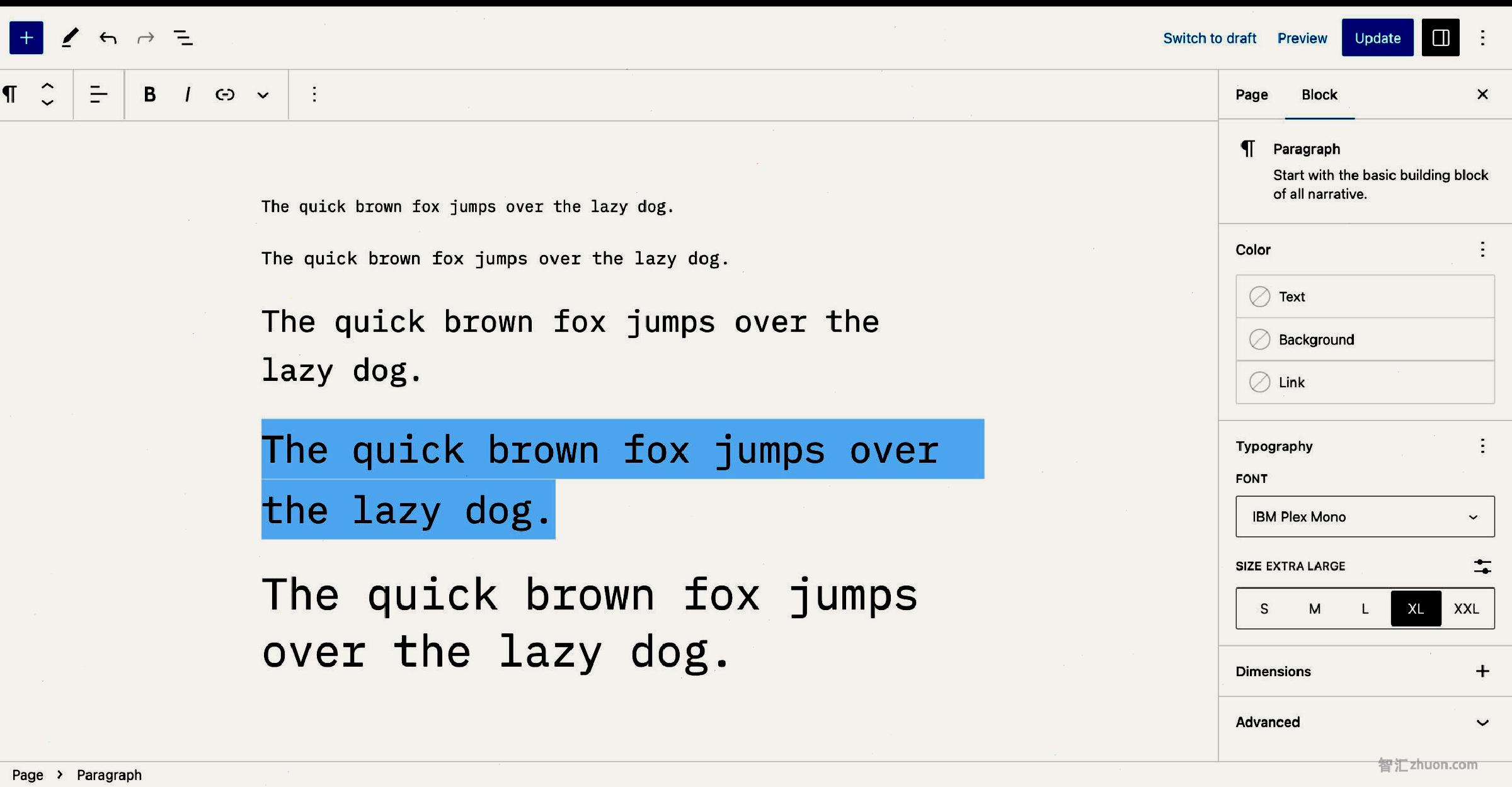 WordPress post editor with the text "The quick brown fox jumps over the lazy dog" repeated five times in varying font sizes.