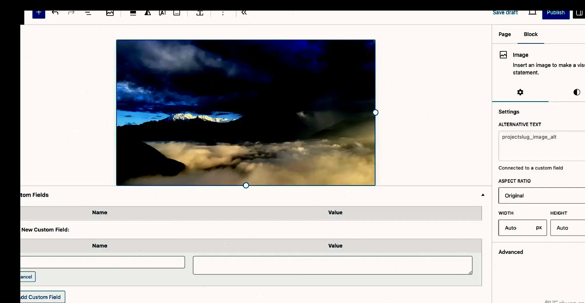 WordPress post editor that displays an image of a stormy sky over mountains. At the bottom of the editor is a Custom Fields panel, but it is empty of any values.