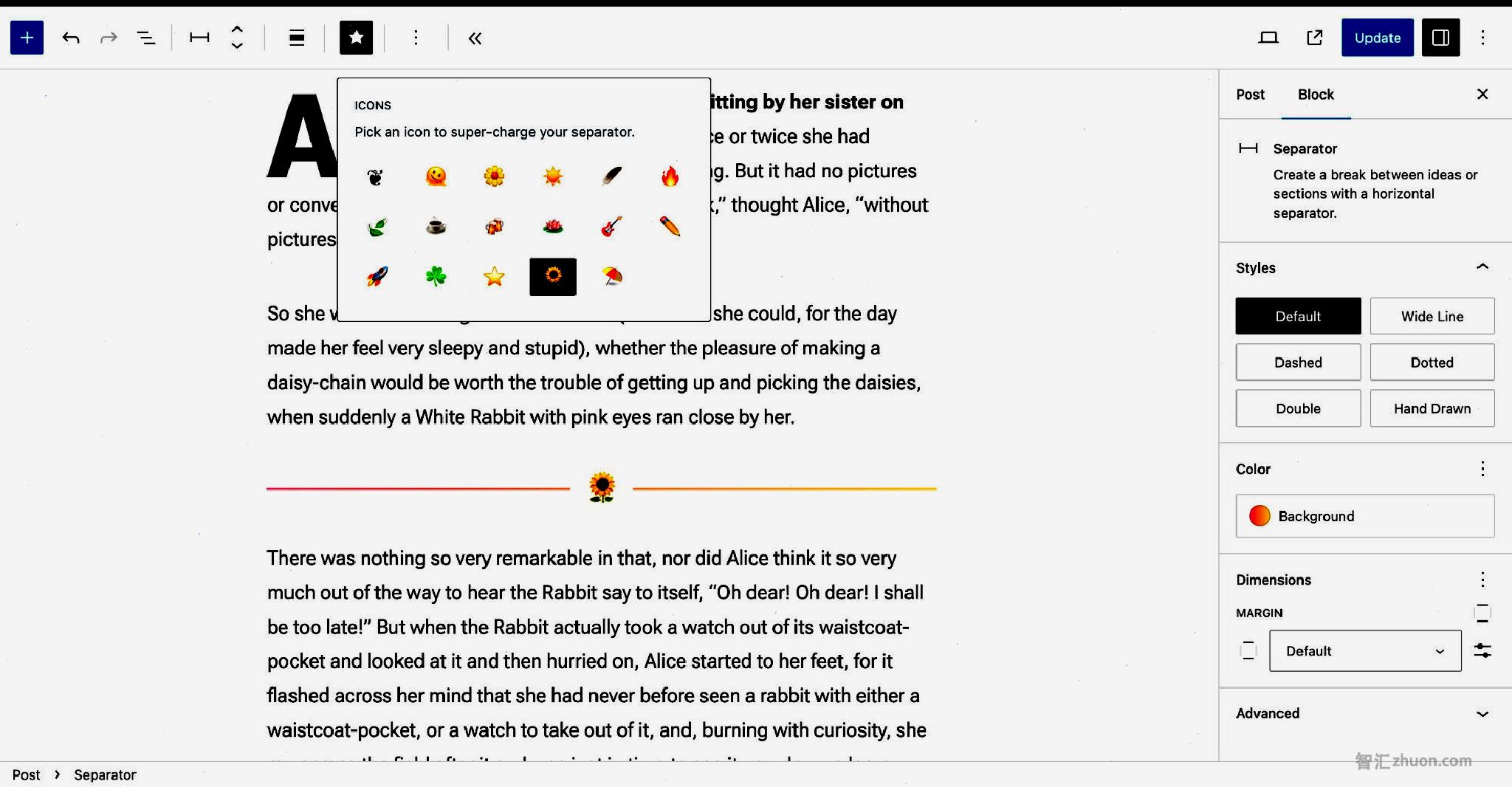 The WordPress post editor with a Separator block selected in the content canvas. The toolbar has a dropdown list of various emoji-based icons.