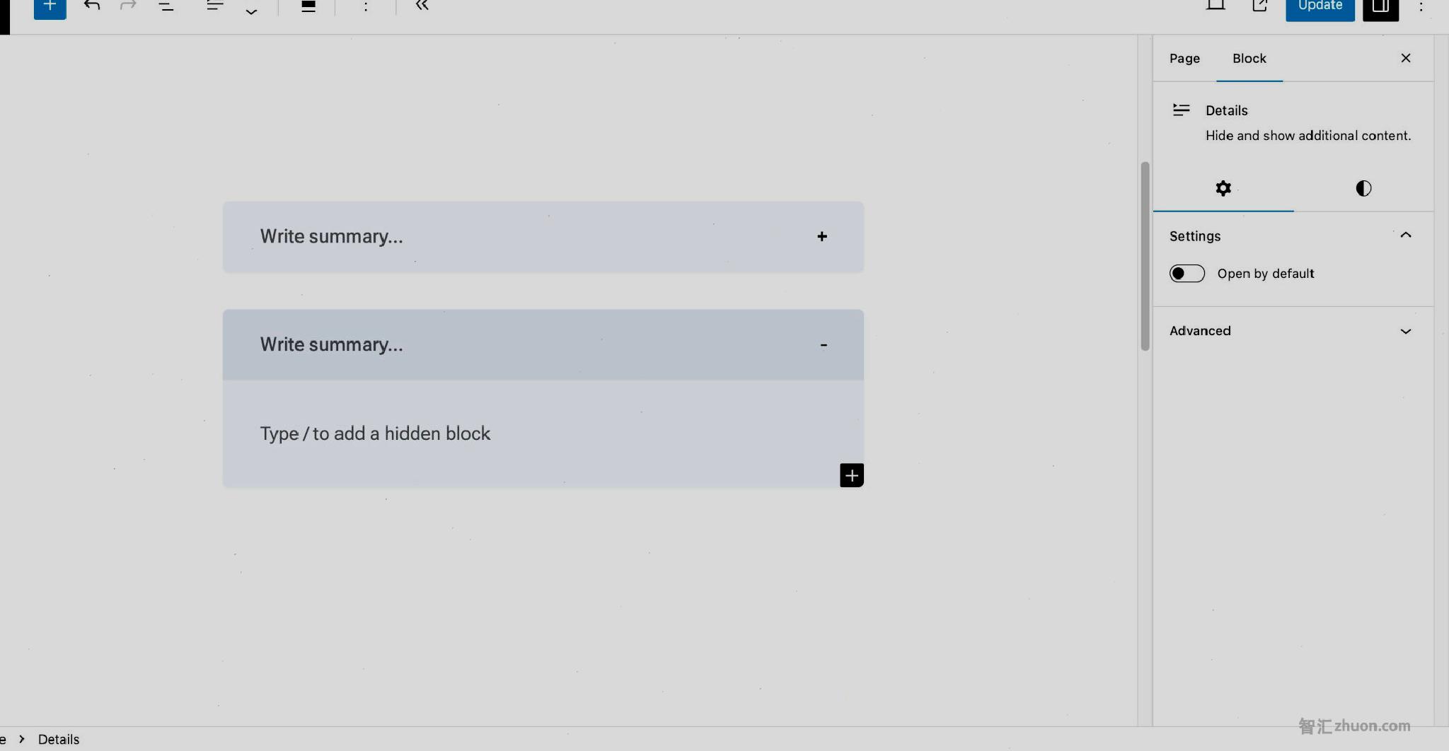 WordPress post editor with both a closed and open gray details block. The closed state has a "+" marker, and the open state has a "-" marker. The marker is located at the end of the summary.