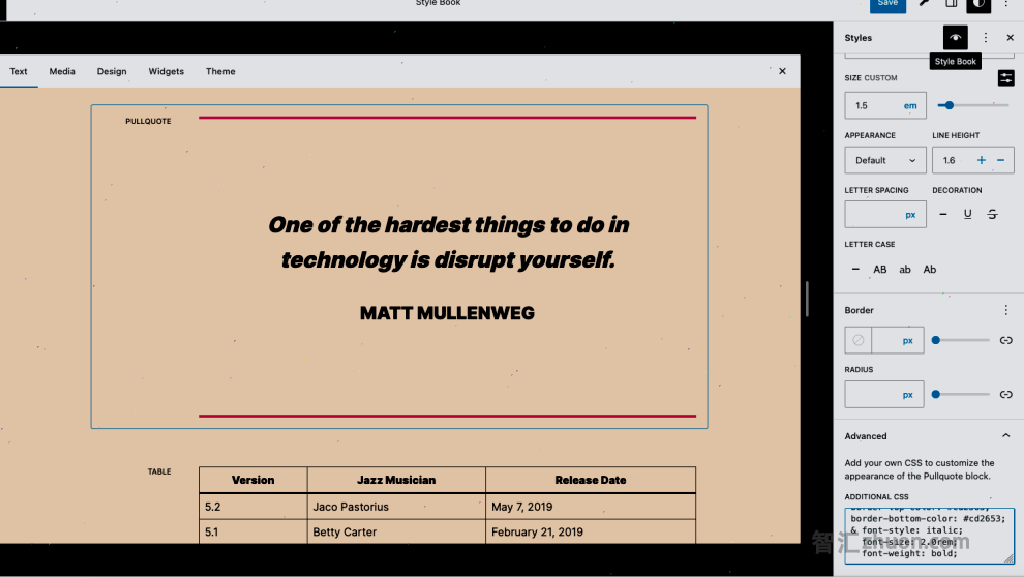 A screenshot illustrating the modification of a pull quote block's font style and border color using the per-block custom CSS feature of the Style Book