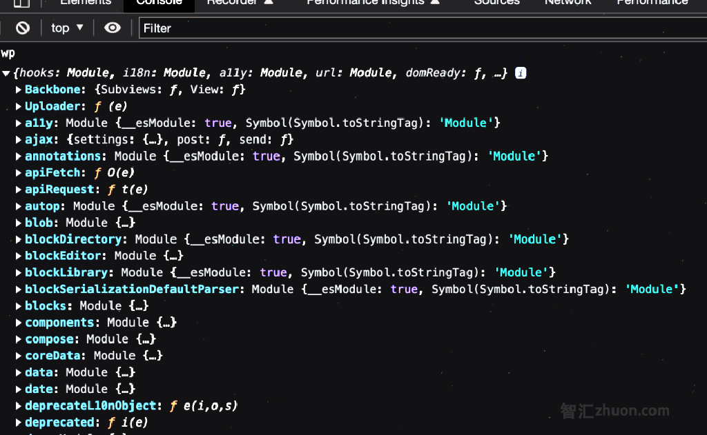 Browser console displaying the contents of the wp global.