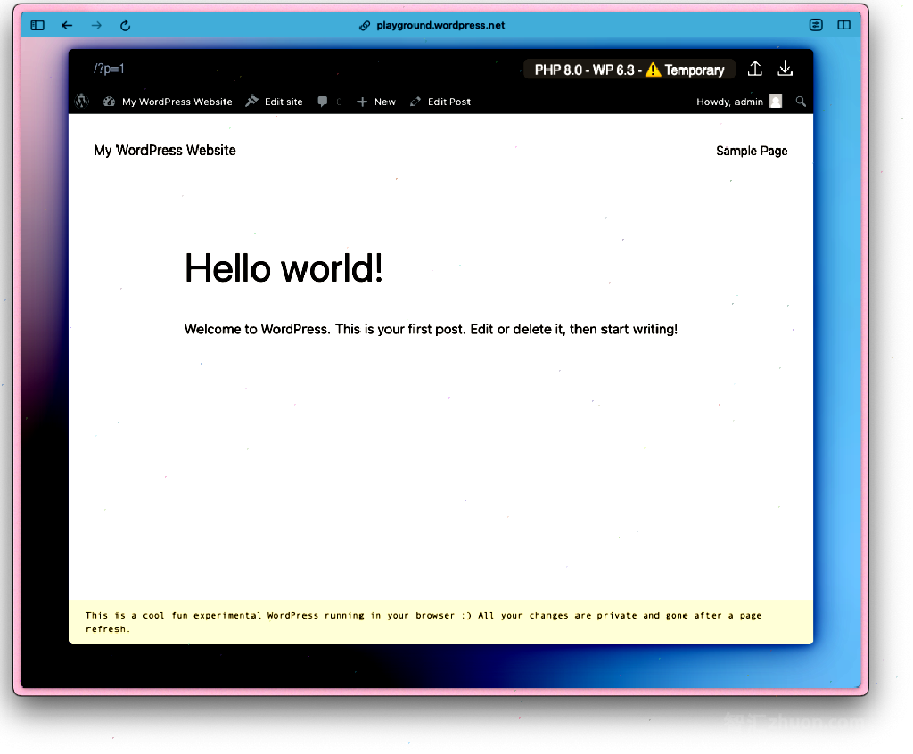 A screenshot of the WordPress Playground site showing a WordPress instance running in the browser. It shows a "Hello World" blogpost.