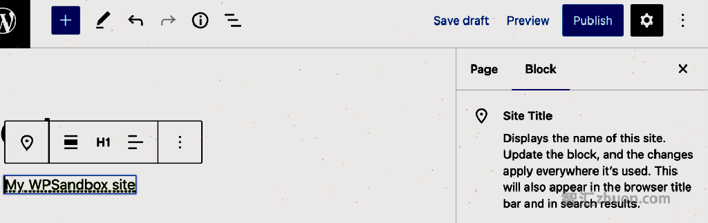 Screenshot of the post editor. The body of the post contains a single Site Title block that reads "My WPSandbox site." The Site Title block is focused and above it is the edit toolbar, containing buttons for width options, heading level, and text alignment options. The Inspector Panel is opened to the Block tab. The top of that tab is displaying information about the Site Title block, with a description that reads "Displays the name of this site. Update the block, and the changes apply everywhere it's used. This will also appear in the browser title bar and in search results."