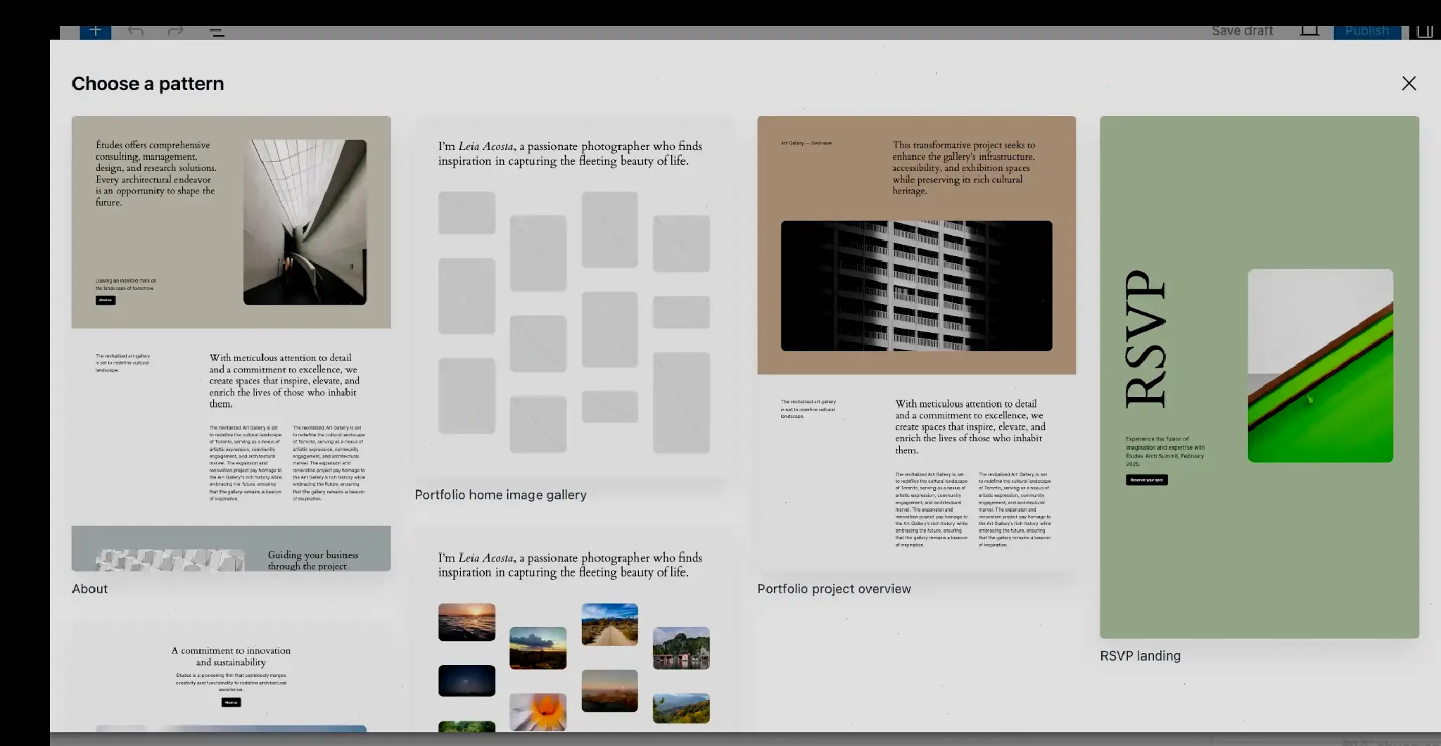 Modal overlaying the edit page screen, showing a grid of various page layouts.