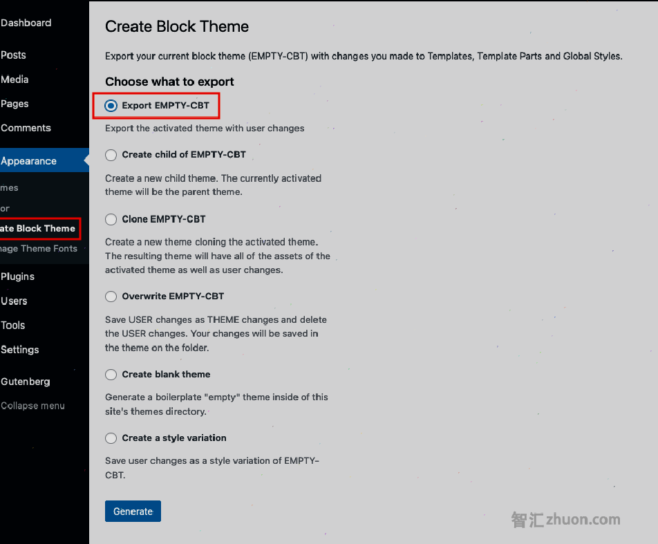 Screenshot showing export theme option of the Create Block Theme plugin