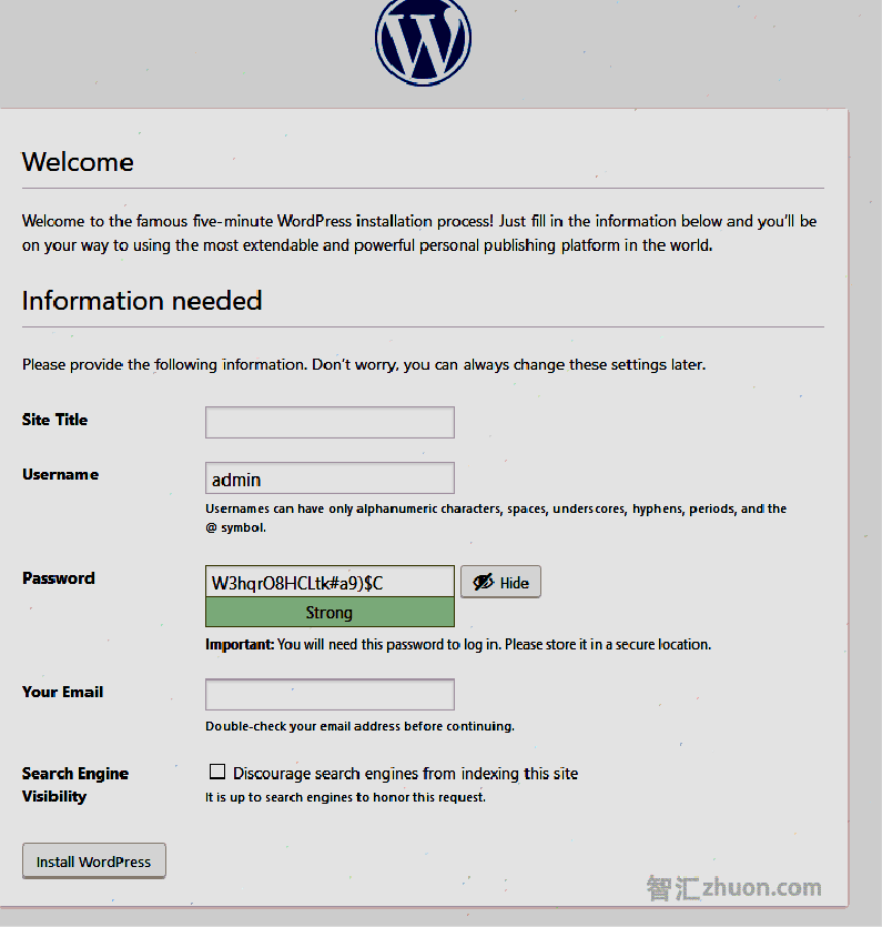 The WordPress installation screen