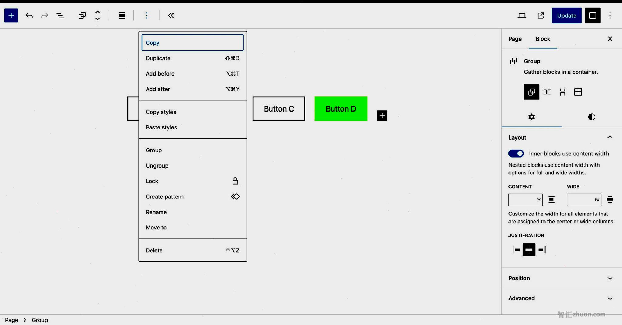 WordPress post editor showing a row of buttons. A dropdown menu from the toolbar is open with the Copy command highlighted.